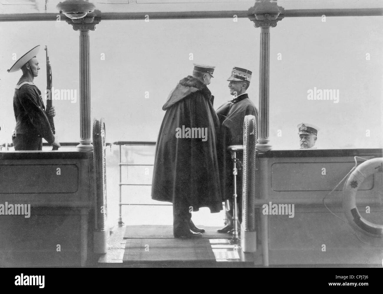 Emperor Wilhelm II welcomes King Victor Emmanuel III aboard his vessel, 1914 Stock Photo