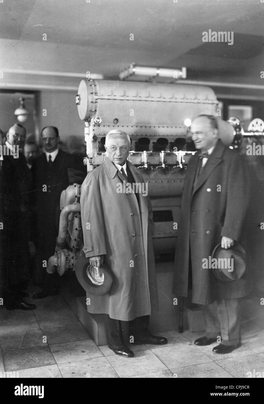 Hugo Junkers and Brandenburg at a demonstration of a heavy fuel engine, 1929 Stock Photo