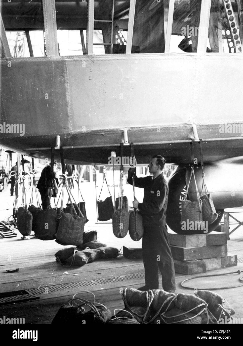 Ballast bags on the gondola of the airship 'Graf Zeppelin II' Stock Photo