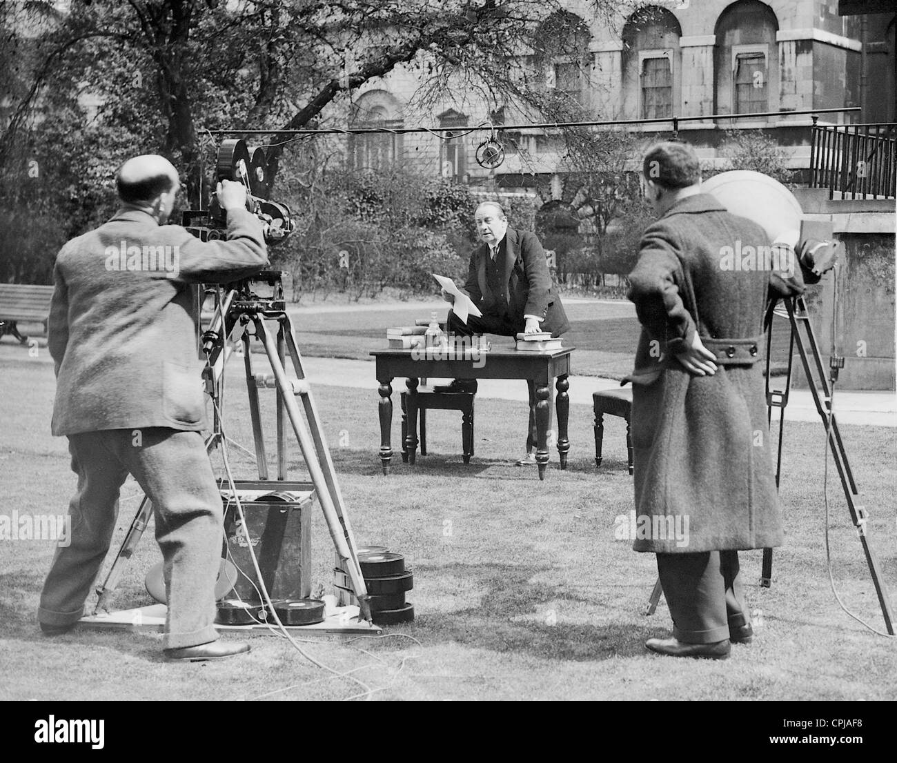 Stanley Baldwin in the garden in the Downing Street at a sound film shooting, 1929 Stock Photo