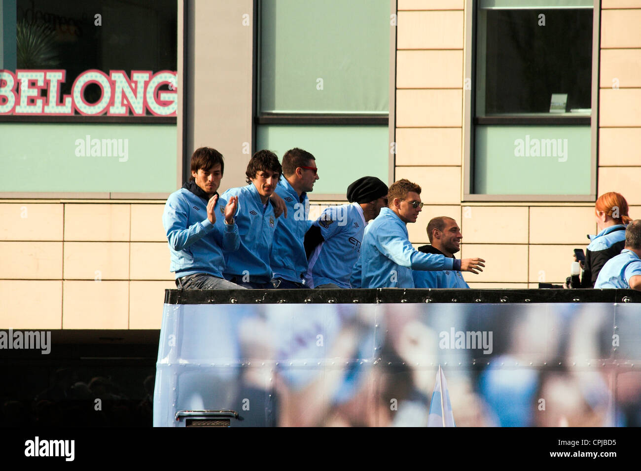 Tour bus and players, Manchester City Premier League Trophy Parade, 2012 Stock Photo