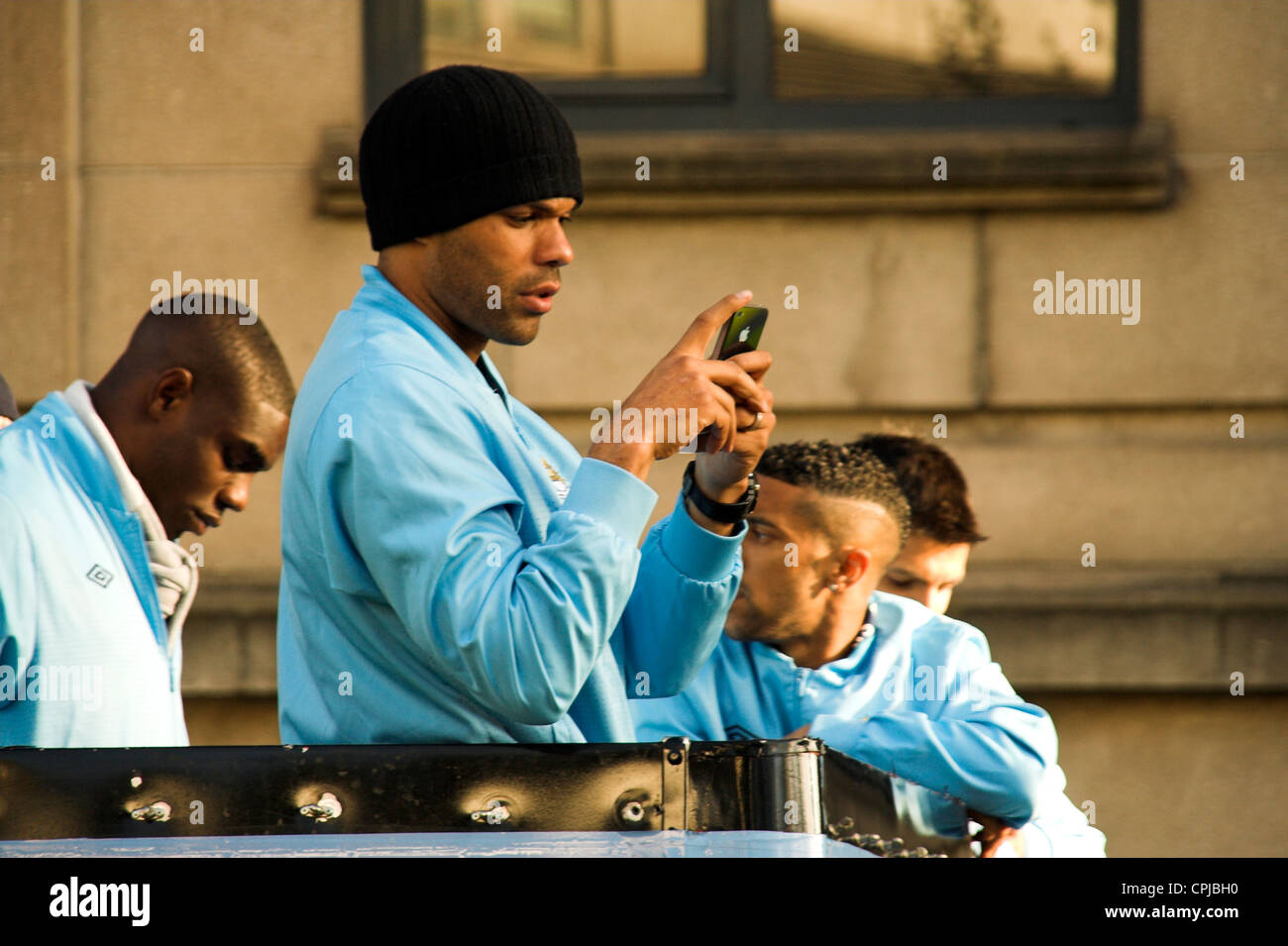 Tour bus and players, Manchester City Premier League Trophy Parade, 2012 Stock Photo