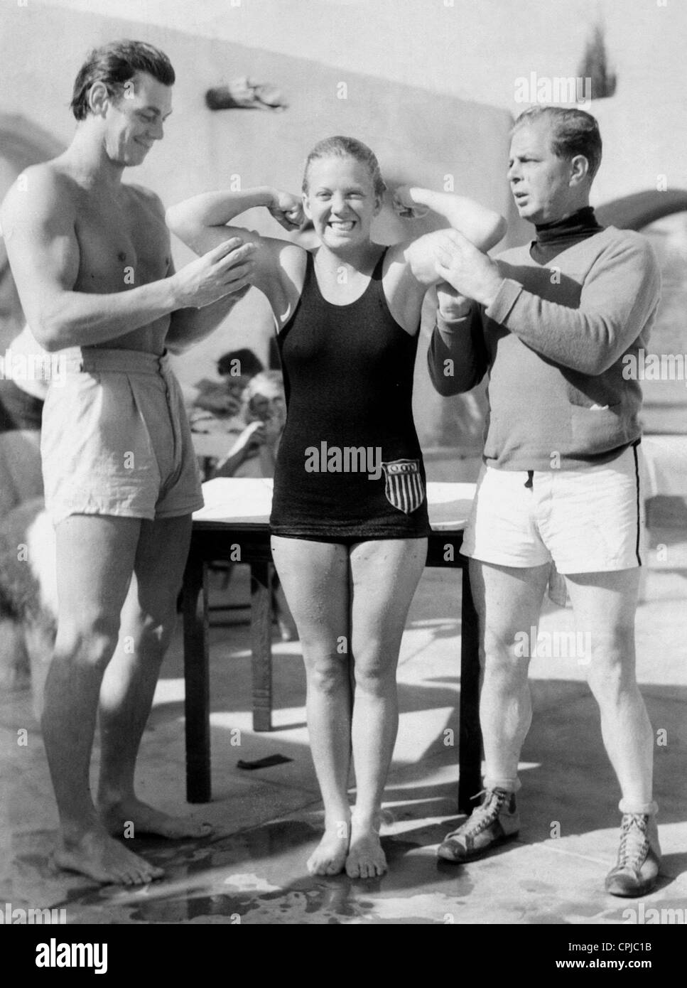 Johnny Weissmuller, Georgia Coleman and Hoot Gibson, 1932 Stock Photo