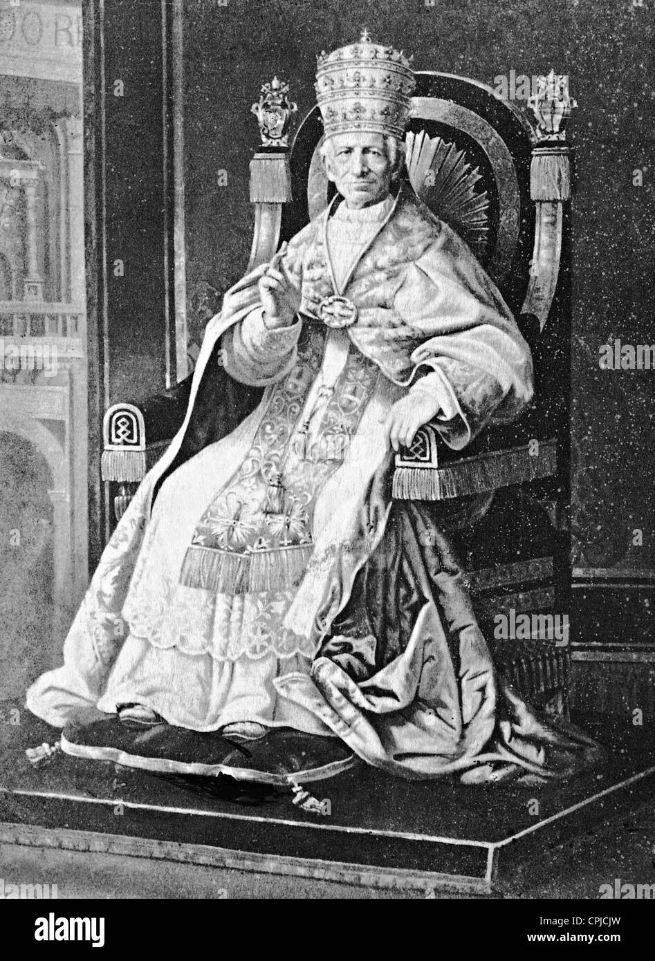 Pope Leo XIII in full regalia on the holy throne, 1897 Stock Photo