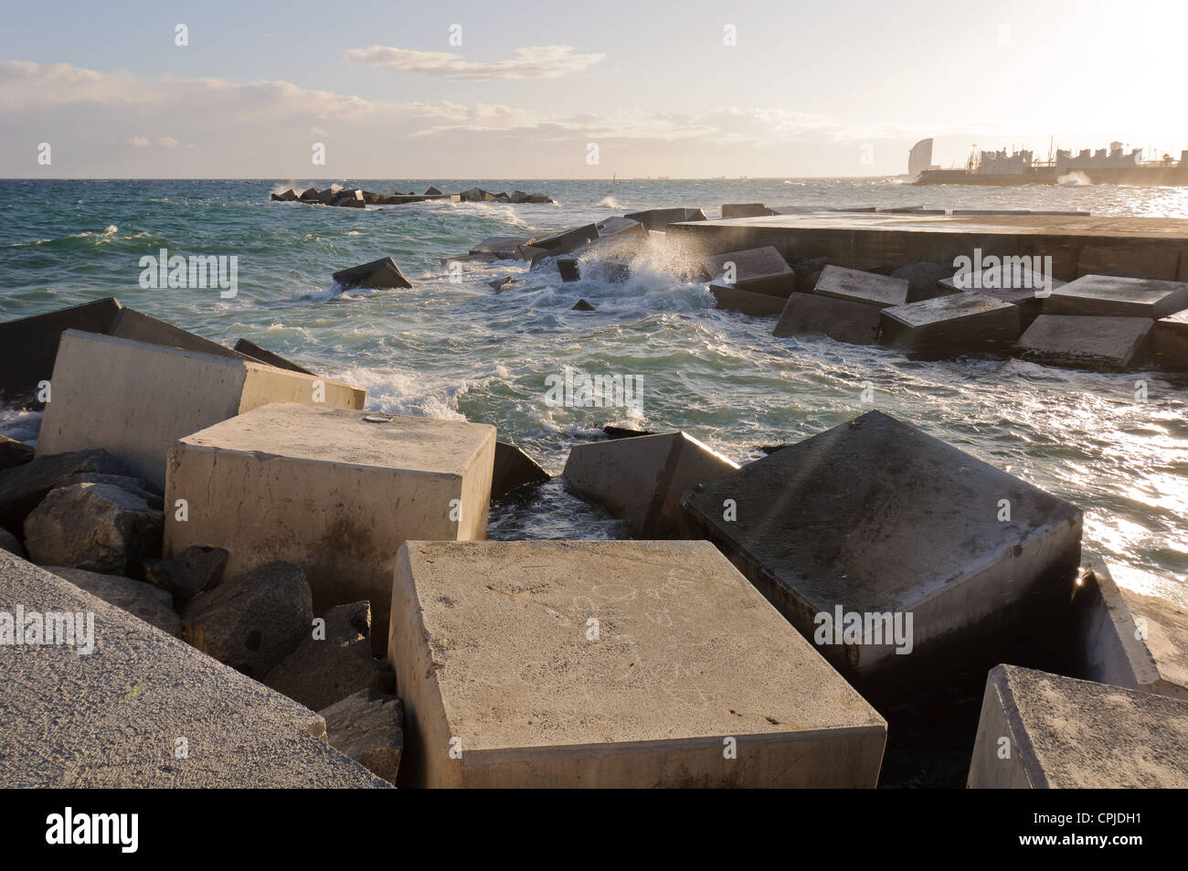 Breakwater rocks on the Barcelona coast. Spain. Stock Photo