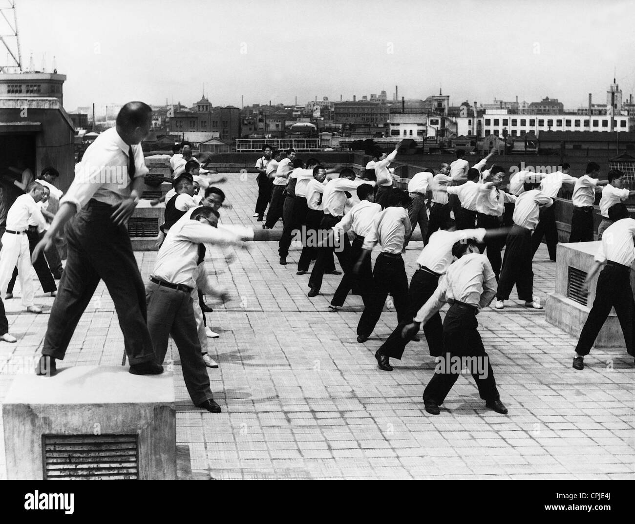Employees are doing gymnastics, 1939 Stock Photo