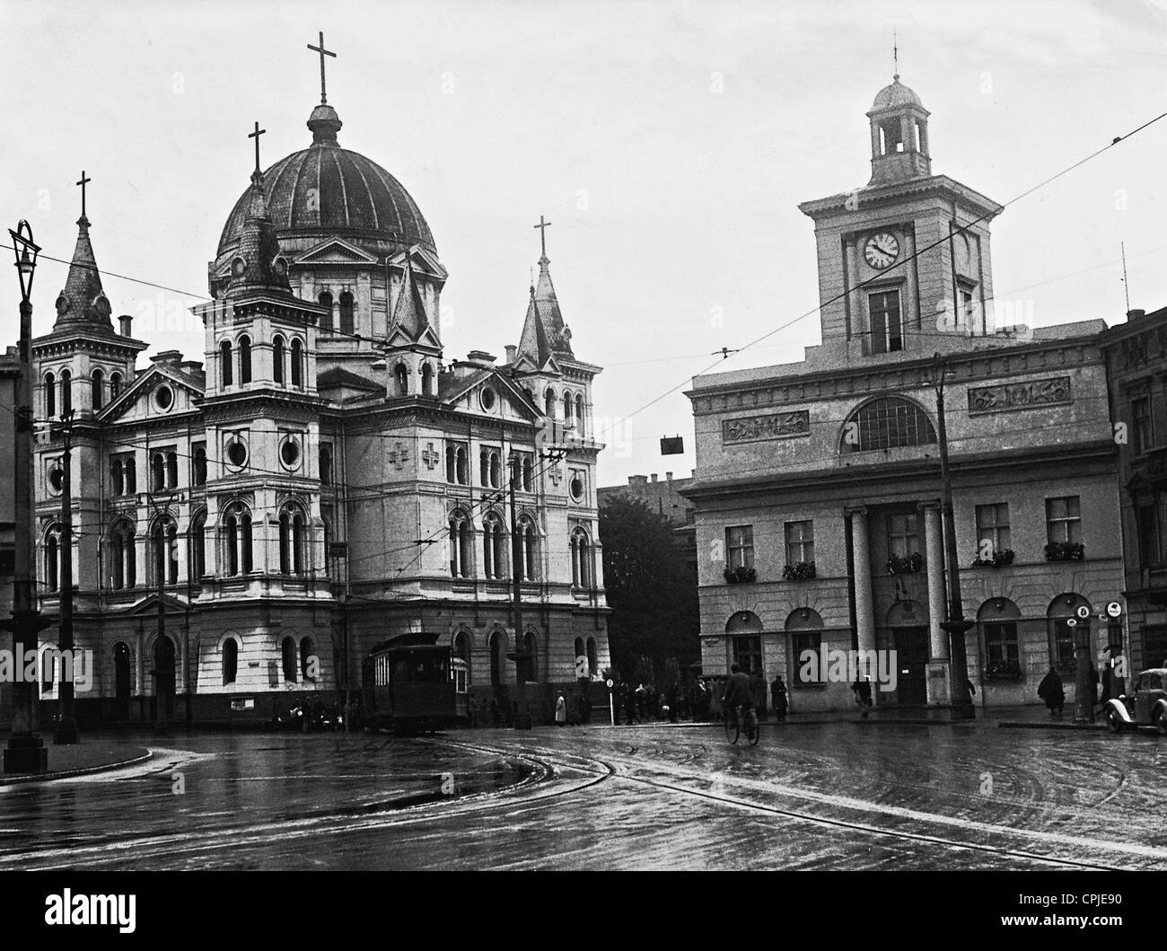 St.Trinitatis [Trinity] Church and the old City Hall in Lodz, 1940 Stock Photo