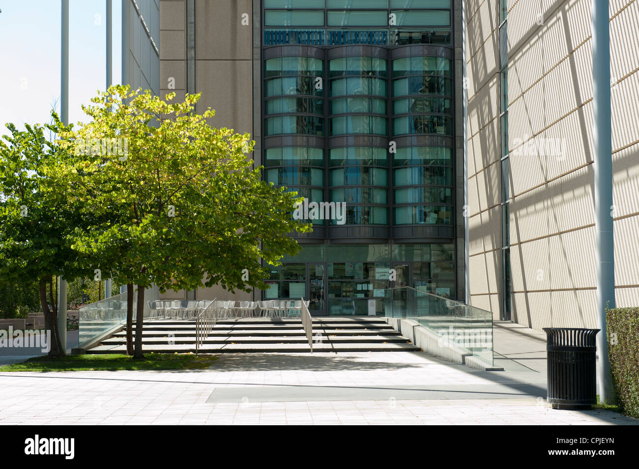 Outdoor cafe on the Stanford University campus, with shadows falling on