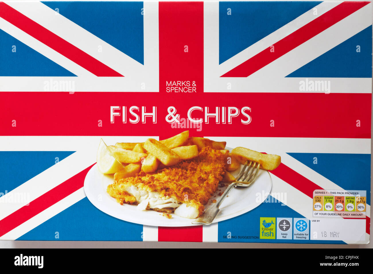 pack of Marks & Spencer Fish & Chips with Union Jack on box Stock Photo