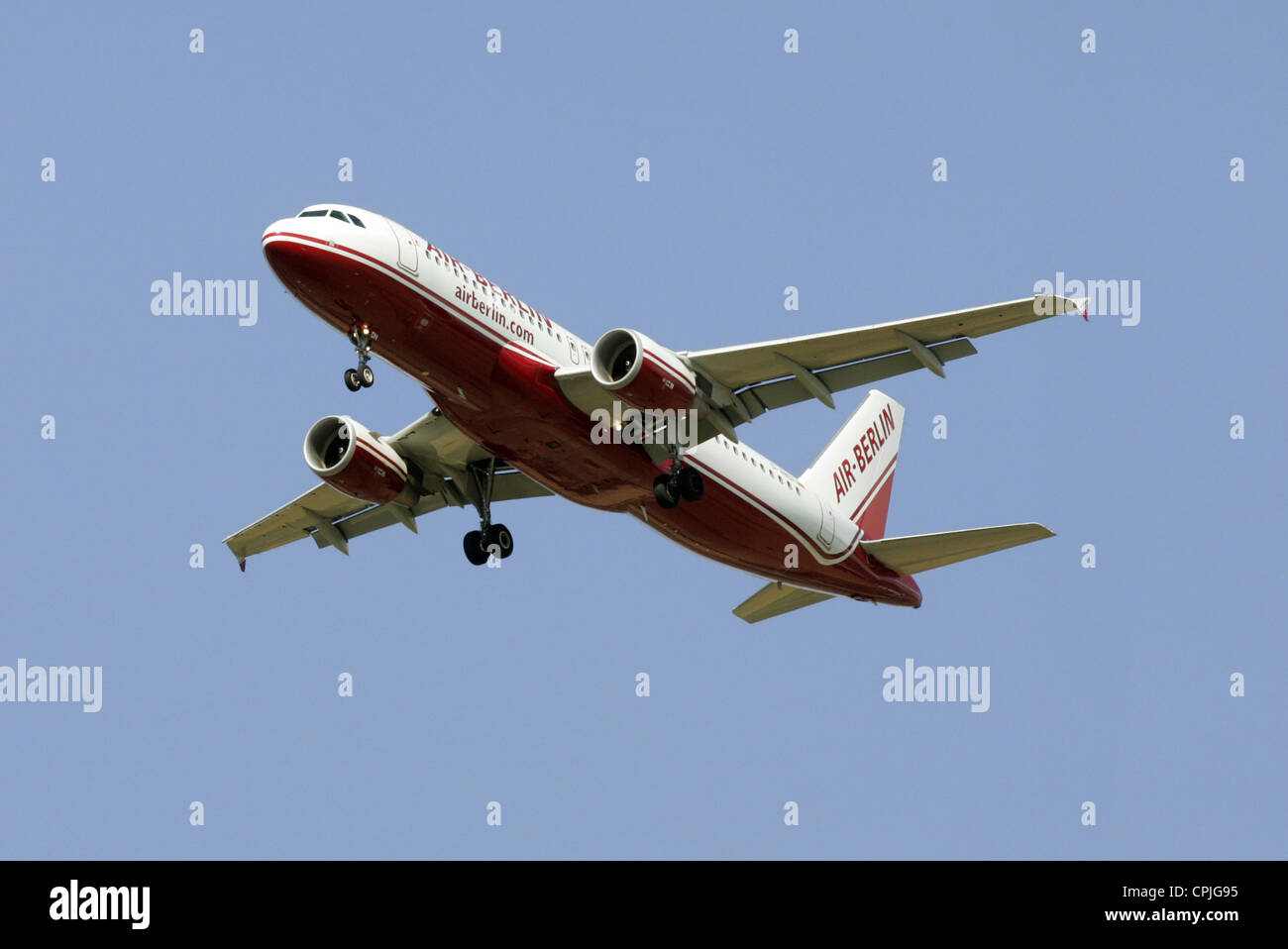 An Air Berlin airplane in the air, Hannover, Germany Stock Photo