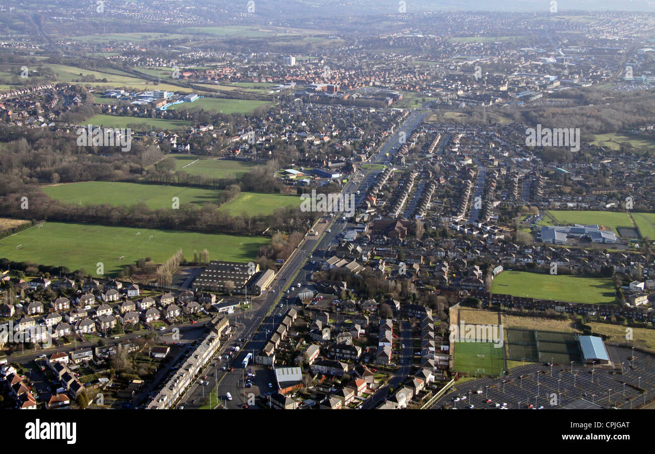 aerial view of Thornbury, Bradford looking east to Leeds along Bradford Road, West Yorkshire Stock Photo