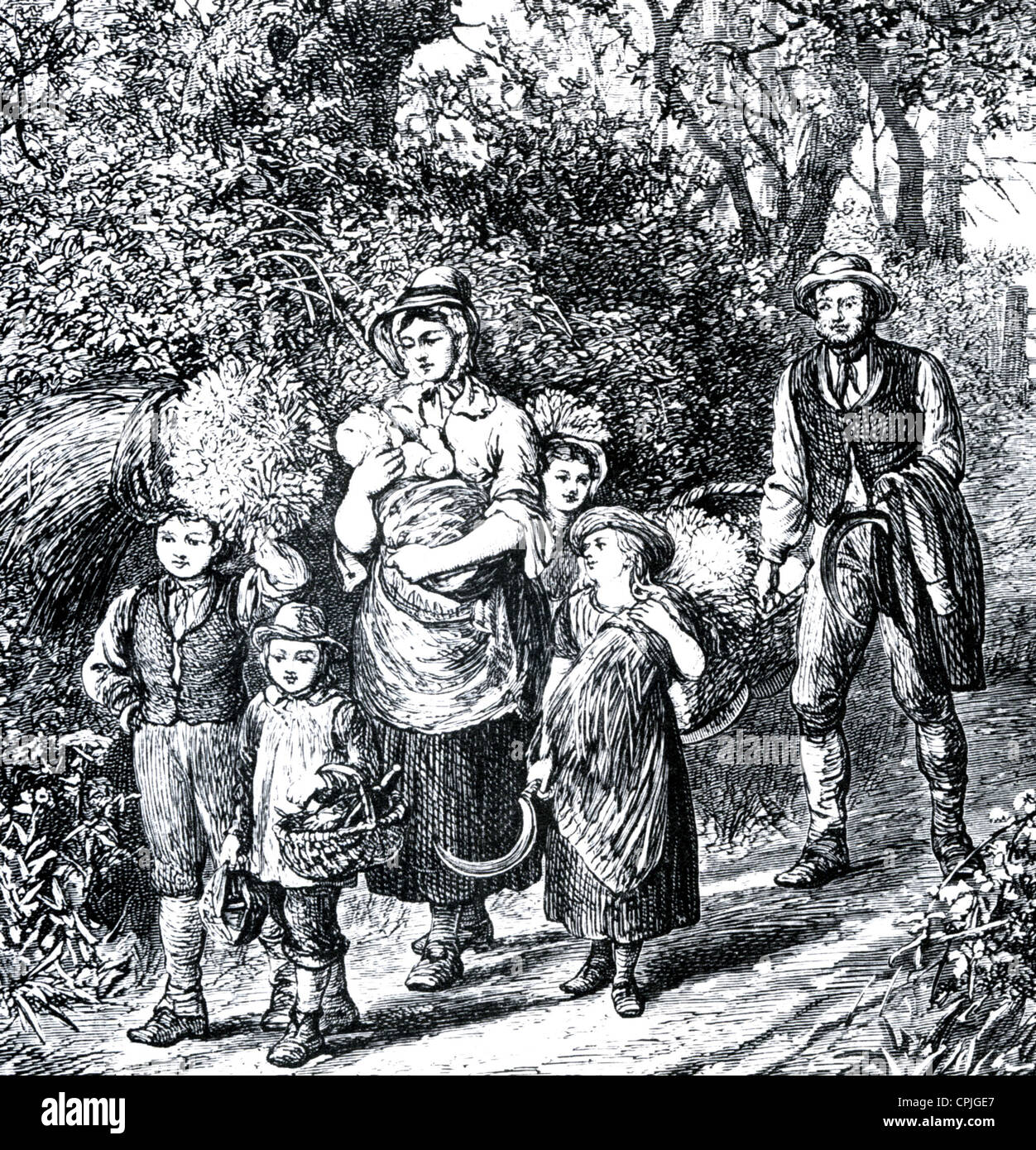 VICTORIAN FARM WORKER AND FAMILY  An idealised engraving from 'Our Village' by Mary Russell Mitford, re-published in 1879 Stock Photo