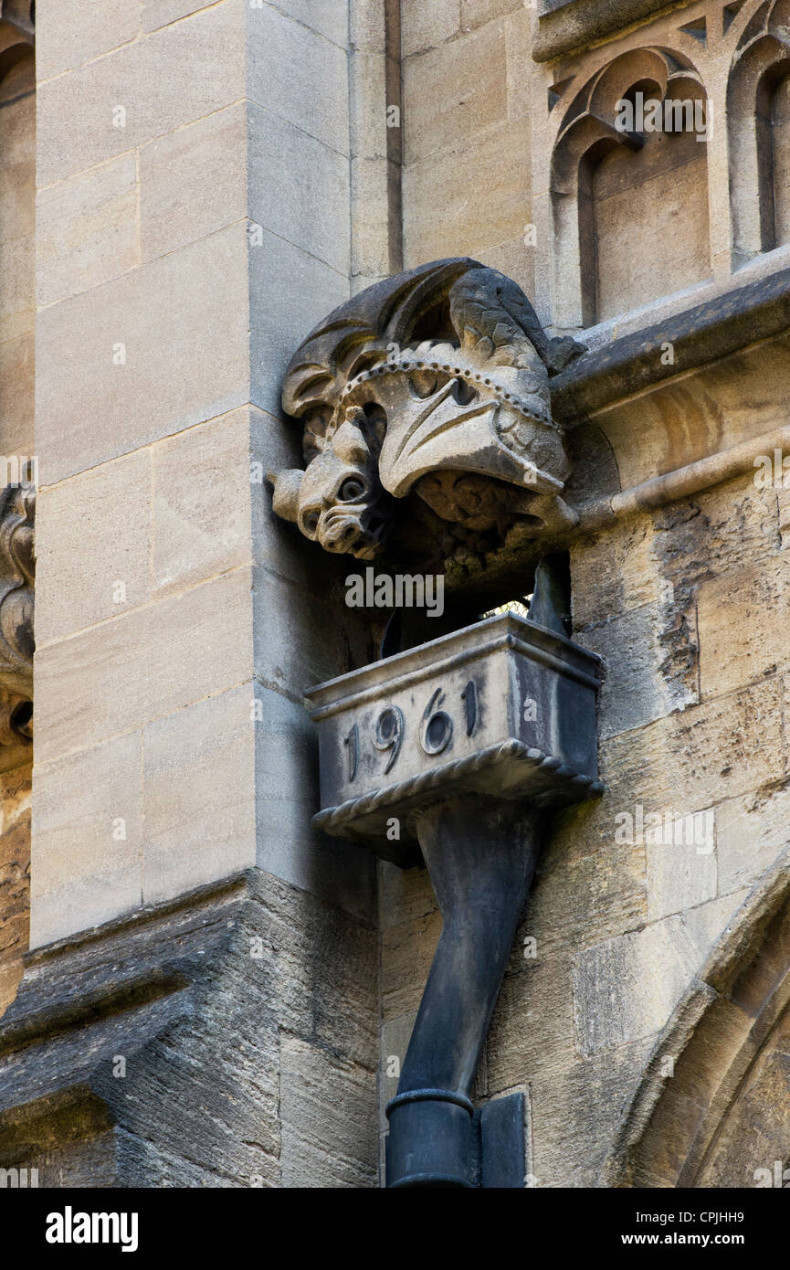 Dragon / Serpent stone carving gargoyle and drainpipe, Oxford University, England Stock Photo