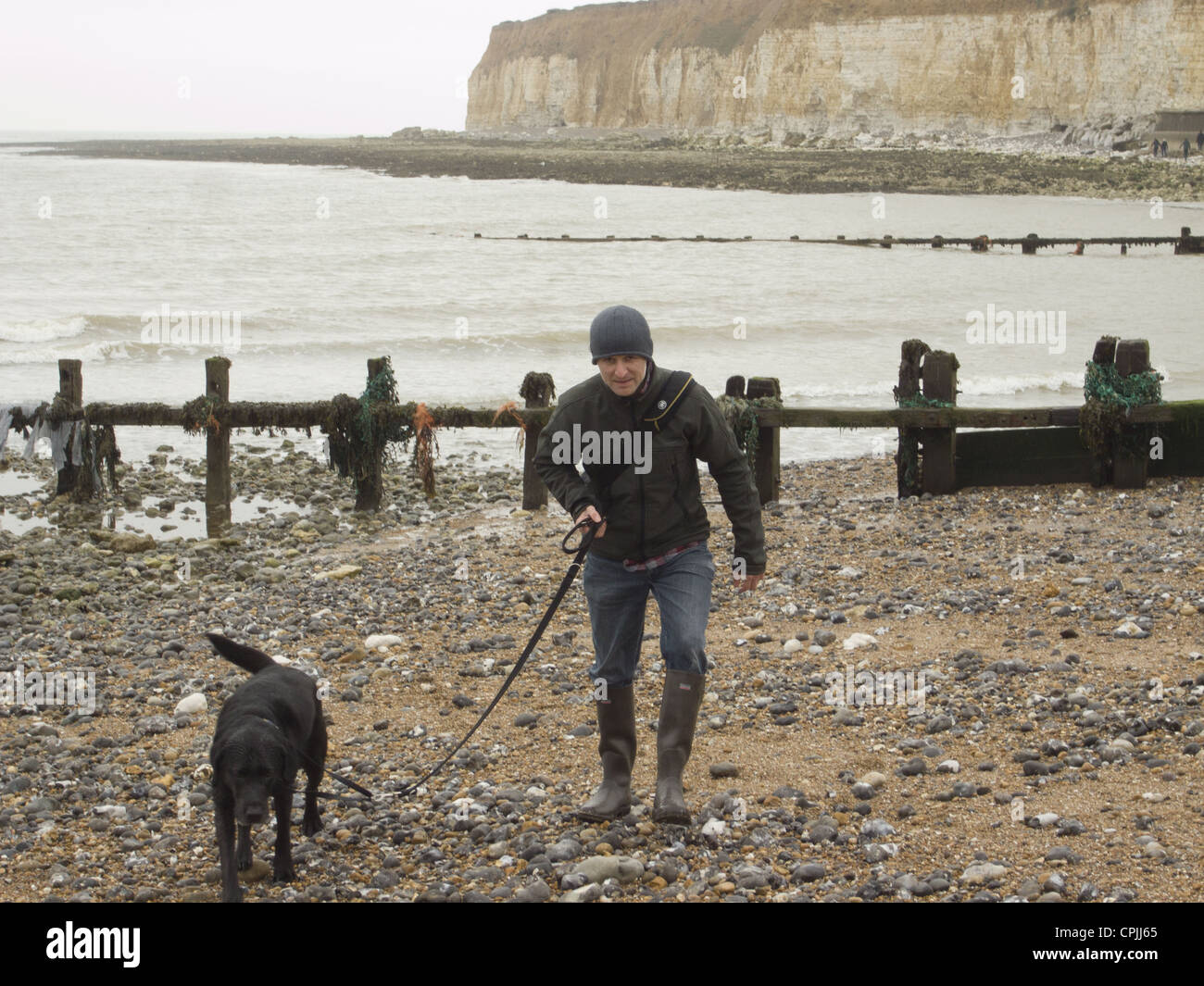 Man walking with a black Labrador on the beach Stock Photo