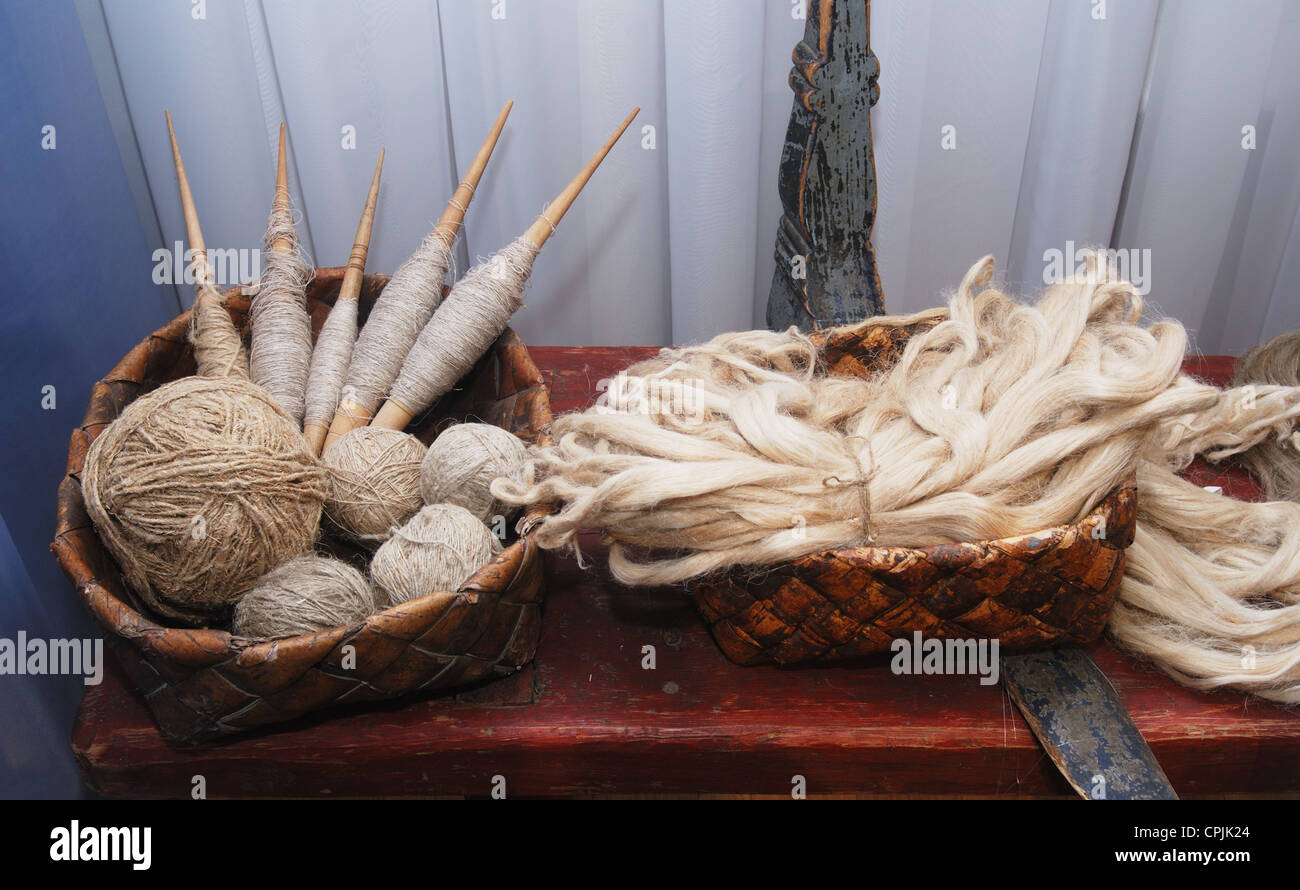 linen yarn, thread,spindle in wicker basket Stock Photo