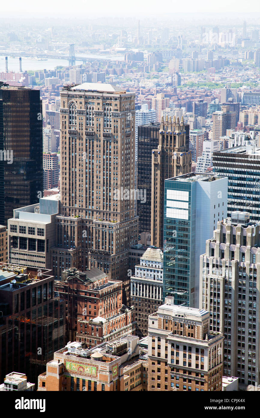 New York City, Manhattan day view of Downtown & East side, detailed look at buildings of Midtown & Lower Stock Photo