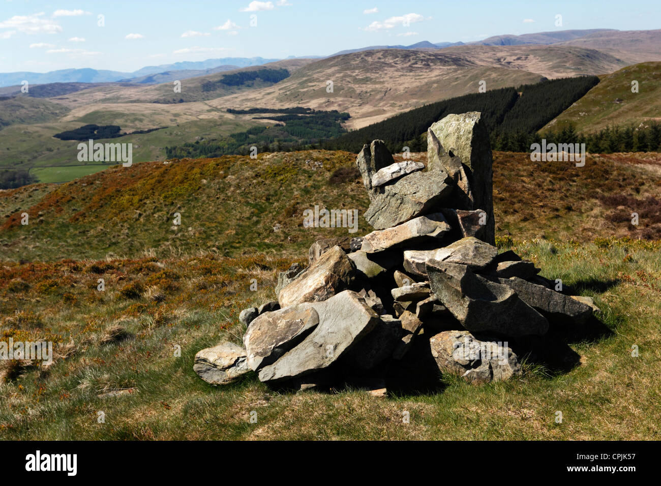 Stone cairn on top of Mabbin Crag near Kendal, Cumbria. Stock Photo