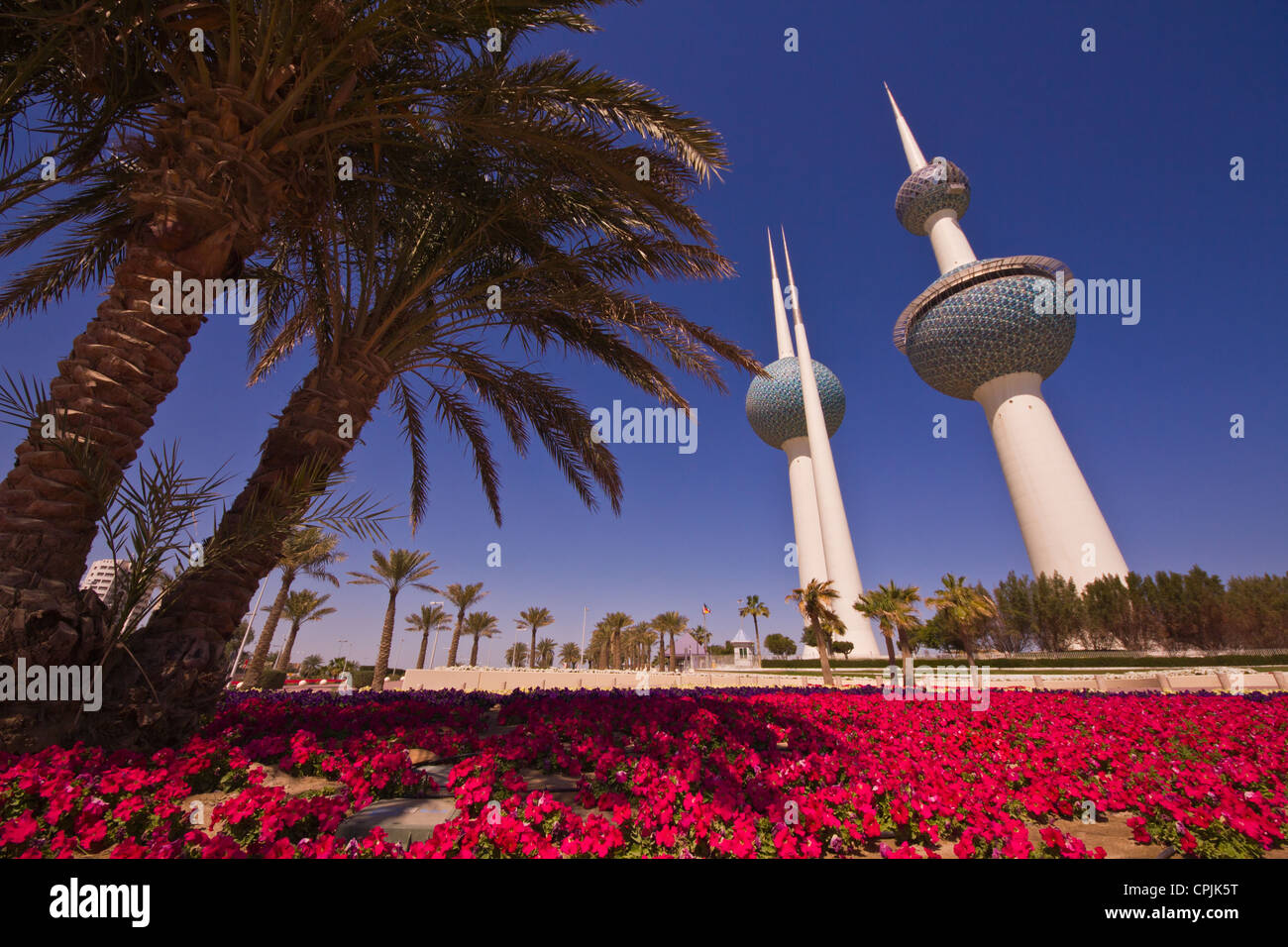 Kuwait Towers palms flowers Stock Photo Alamy