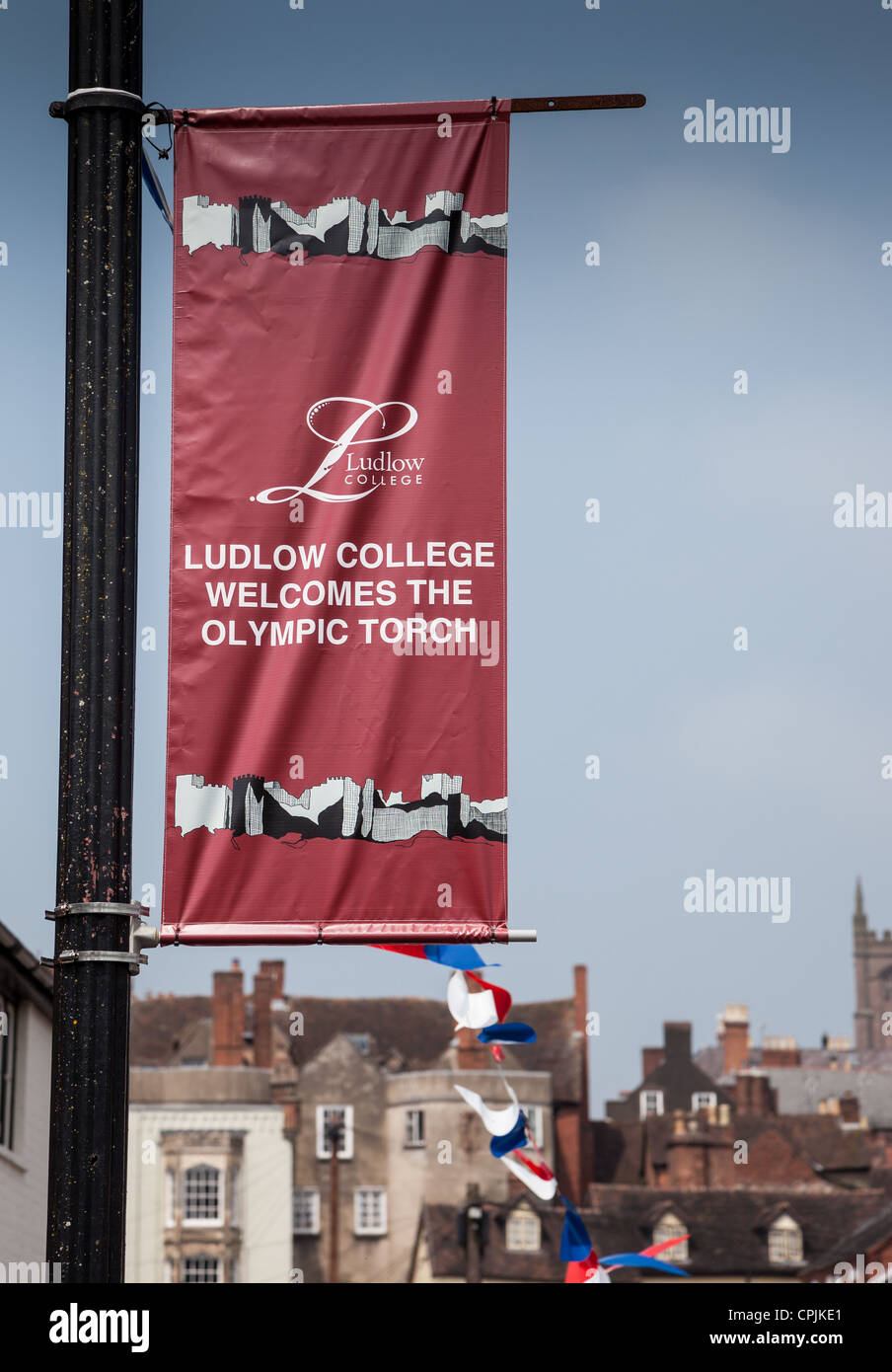 Ludlow College welcomes the Olympic Torch banner in Broad Street, Ludlow, Shropshire Stock Photo