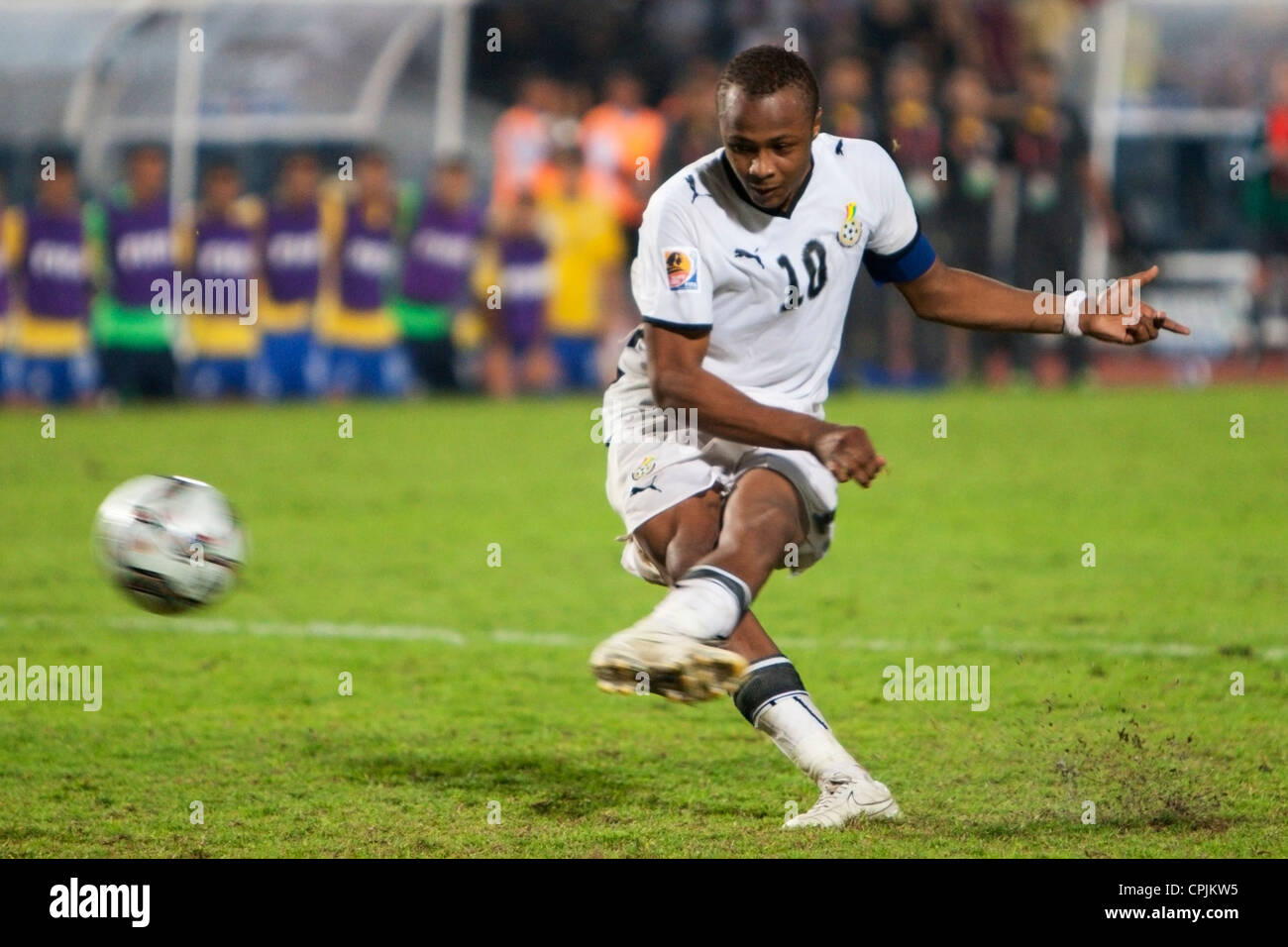 Ghana team captain Andre Ayew drives a penalty kick during the shootout against Brazil at the FIFA U-20 World Cup final. Stock Photo