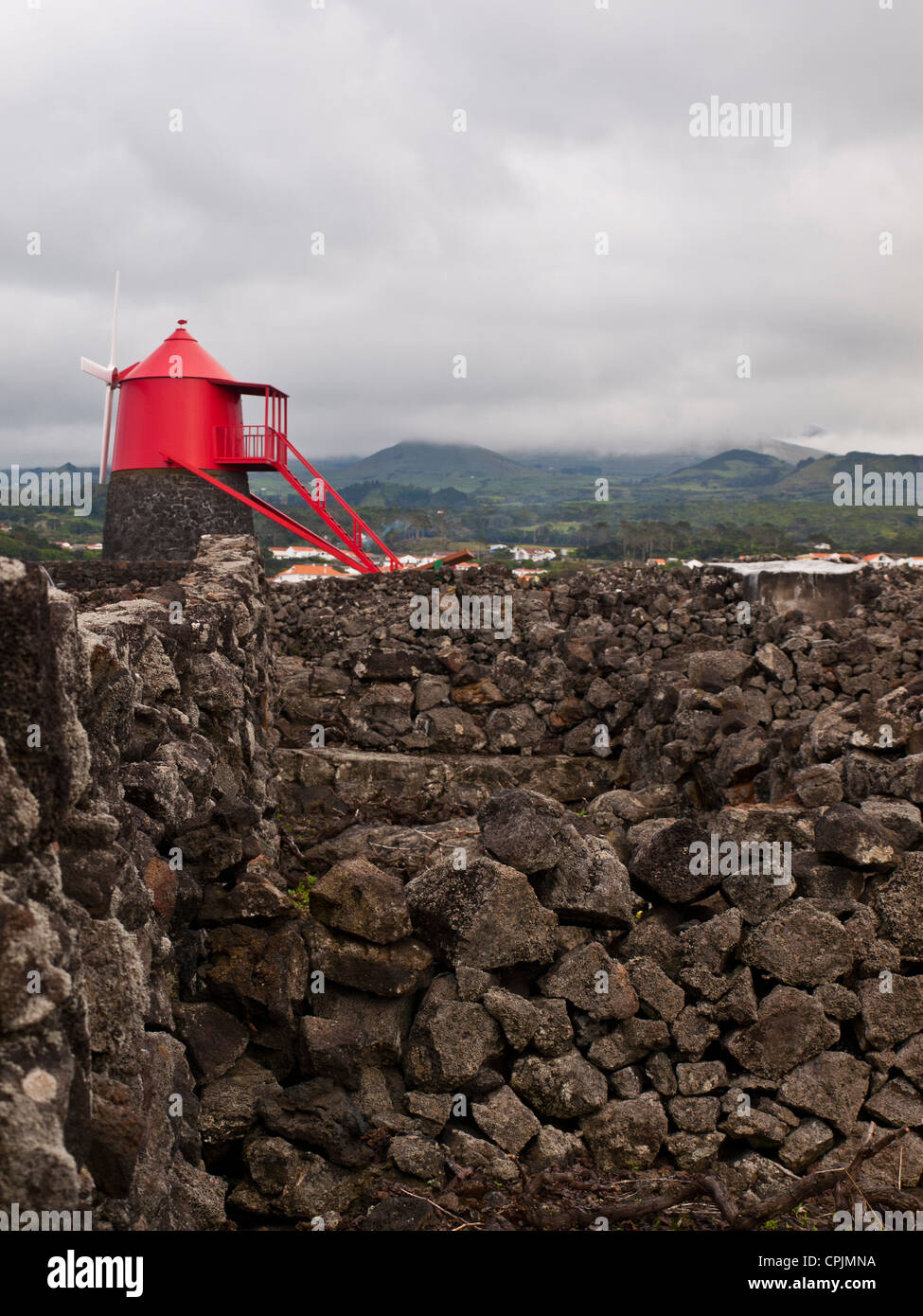 Pico island vineyard landscape with windmill Stock Photo