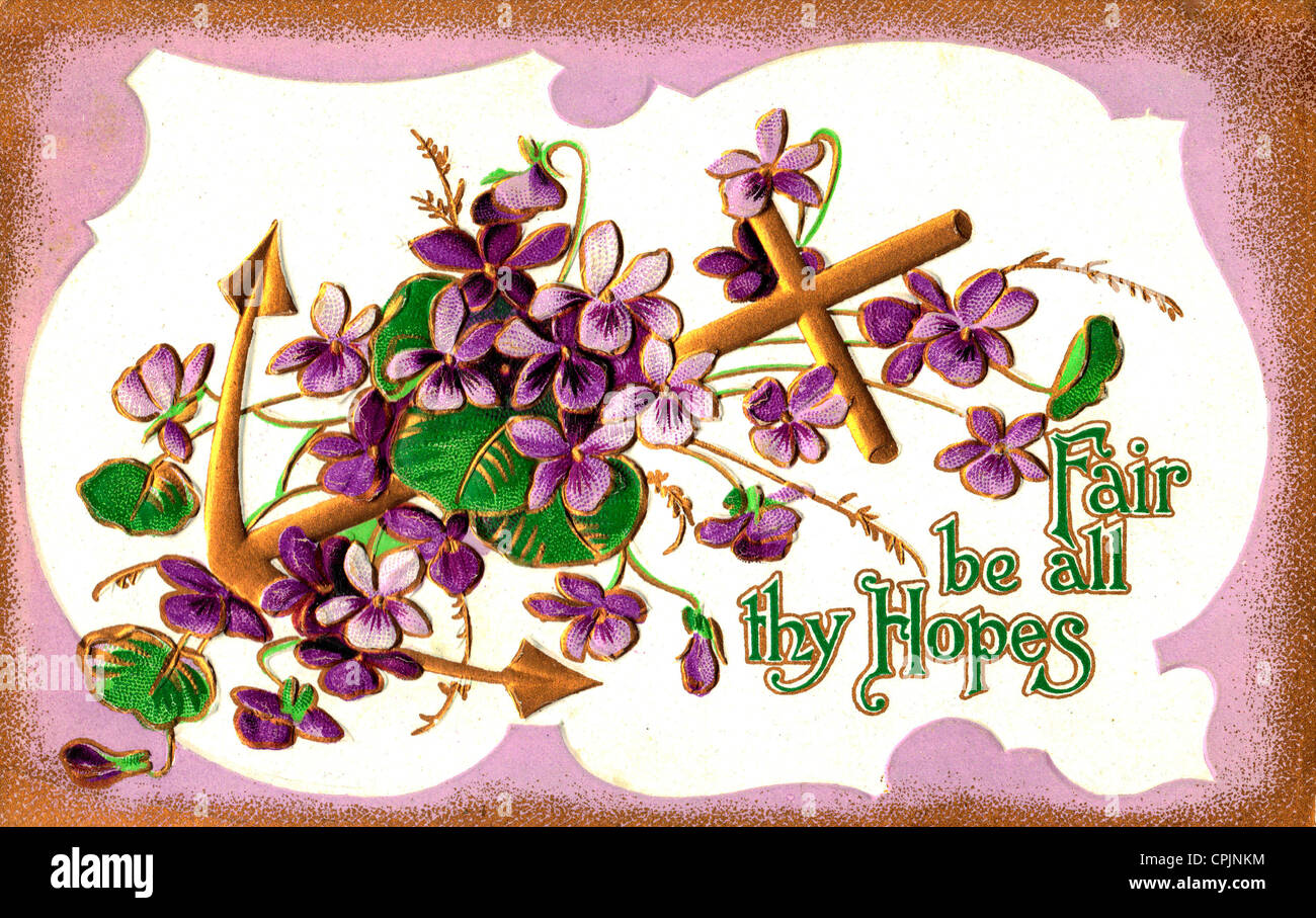 Fair be all thy hopes - vintage card with anchor and flowers Stock Photo