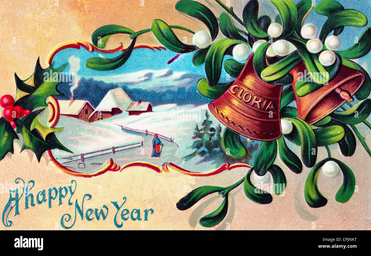 A Happy New Year - vintage New Year's card Stock Photo
