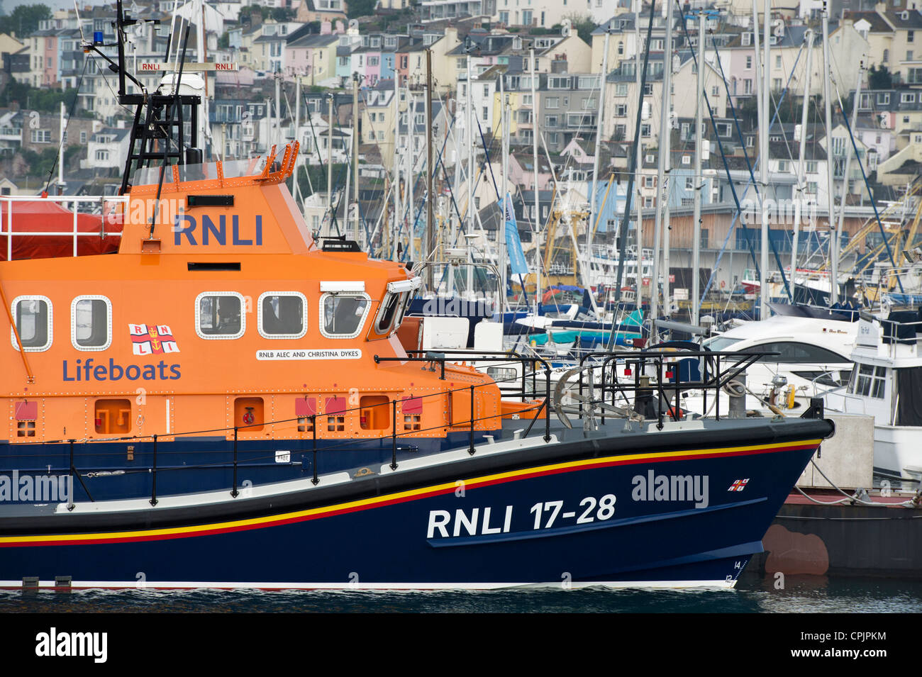 RNLI Severn Class all-weather lifeboat at the Torbay Lifeboat Station, Brixham, Devon Stock Photo