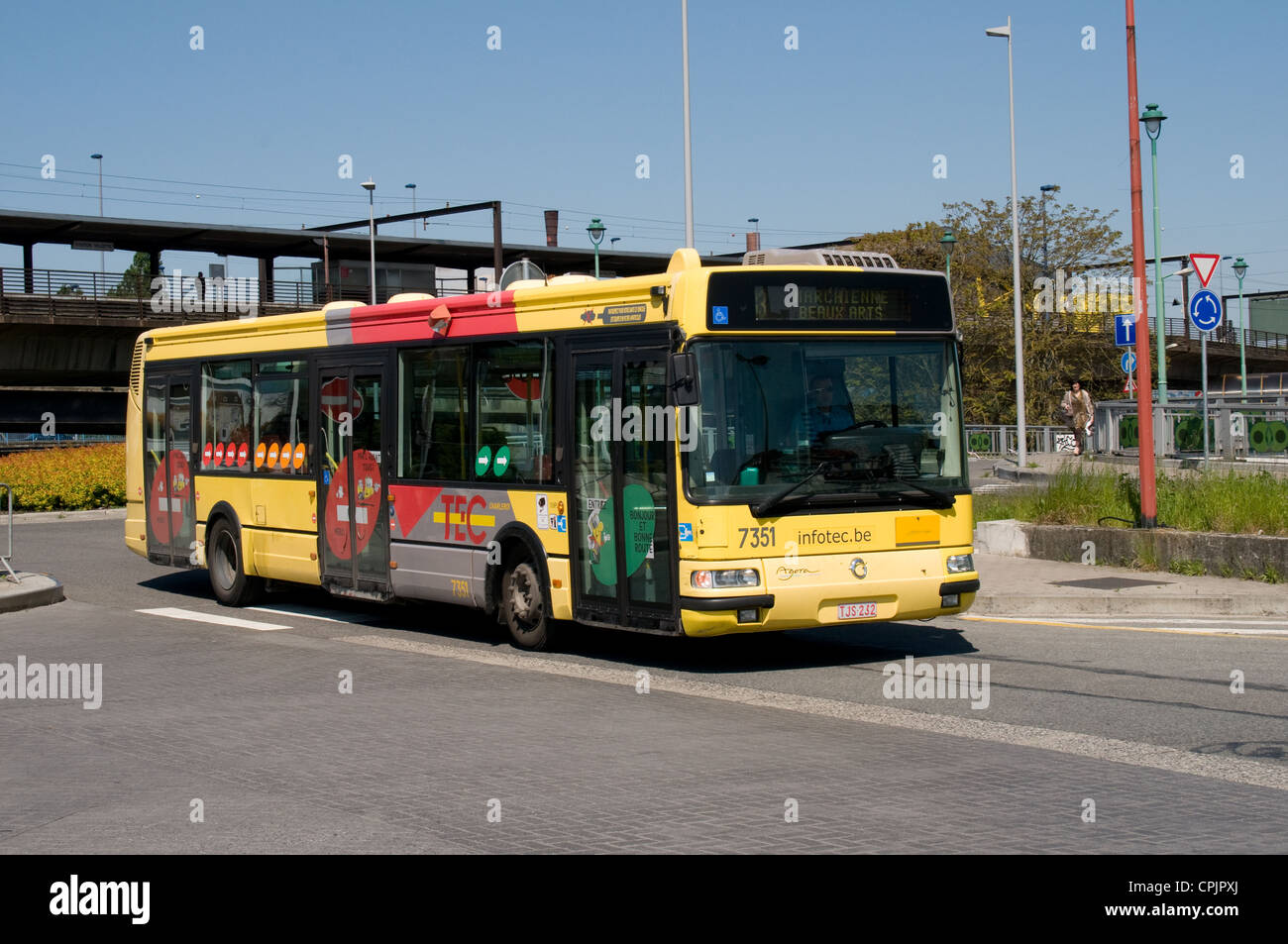 An Irisbus single deck bus operated by TEC arrives at Charleroi South bus station. TEC operate in the southern part of Belgium. Stock Photo