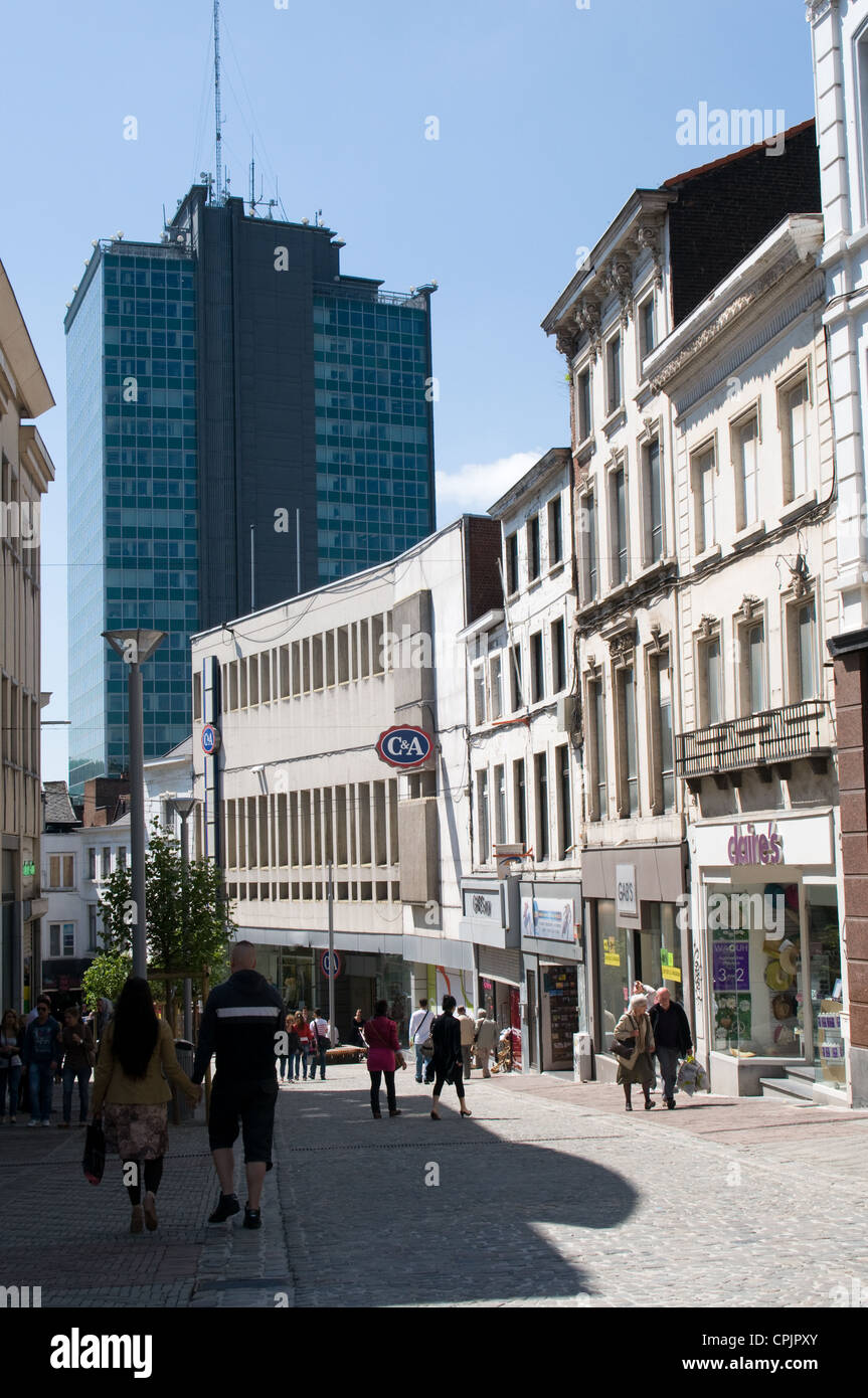 A view of Rue de la Montagne, which is a pedestrianized shopping street in the center of Charleroi, Belgium Stock Photo