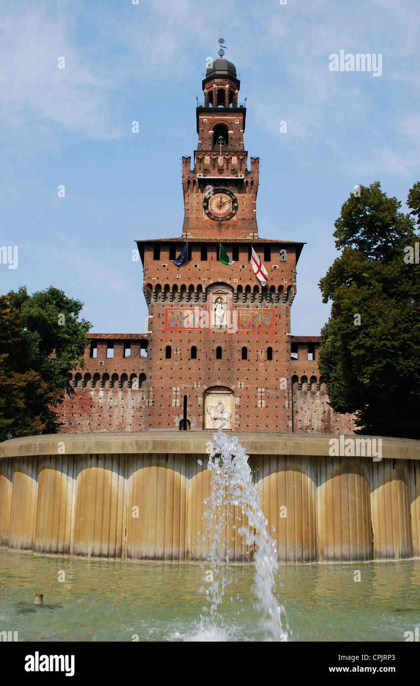 Sforza castle, main entrance at Filarete tower and fountain, Milan, Lombardy, Italy Stock Photo