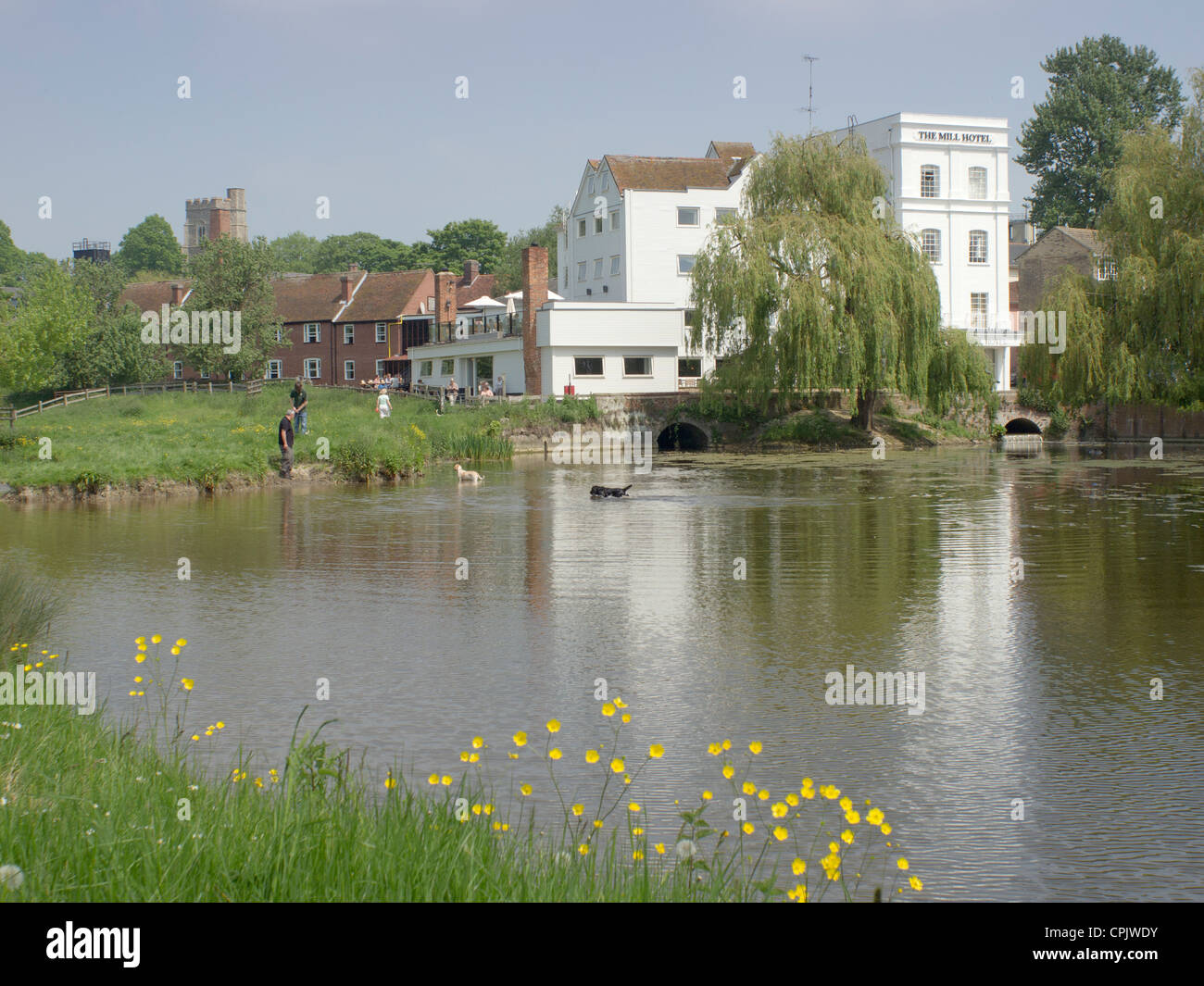 The mill pond outside the Mill Hotel in Sudbury, Suffolk, England, in