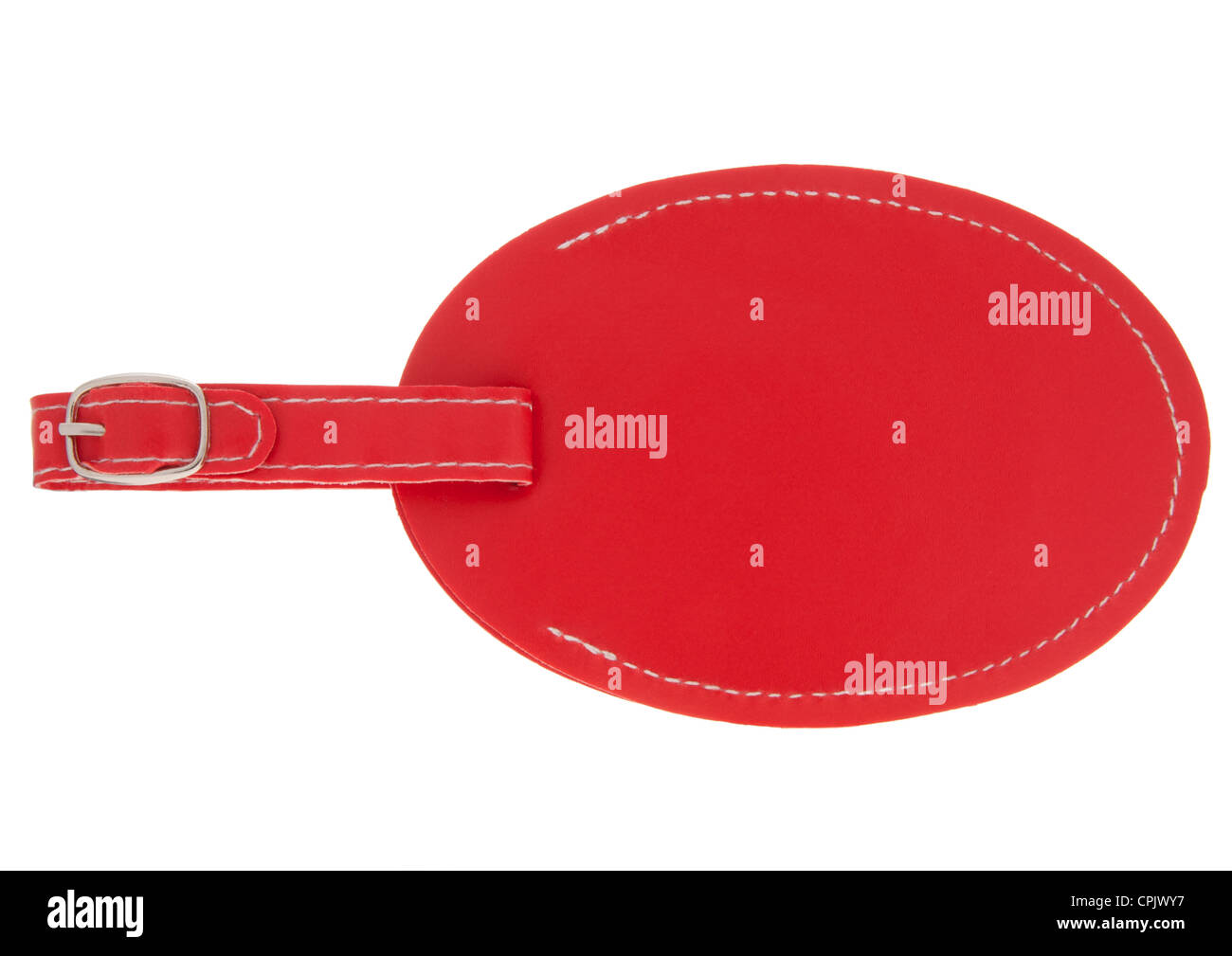 Red leather luggage tag on white background Stock Photo - Alamy