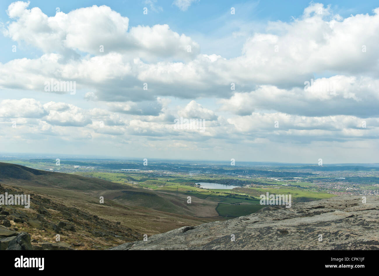 View over South Lancashire from the Pennine Way above Littleborough. Stock Photo