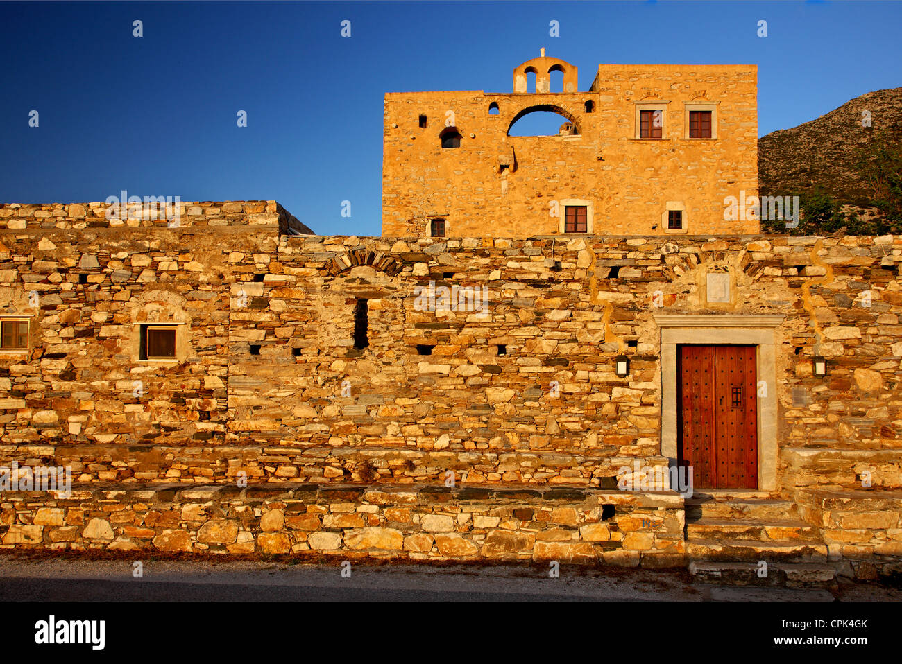The Bazeos Tower (or Monastery of the Holy Cross) in Sangri, Naxos island, Cyclades, Aegean sea, Greece. Stock Photo