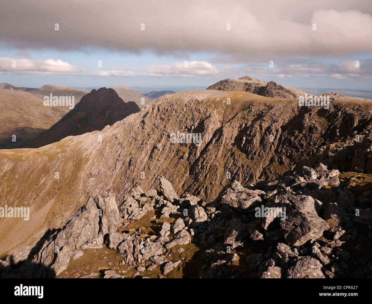 The ridge of Y Gribin rising in front of Tryfan and Glyder Fach in Y ...