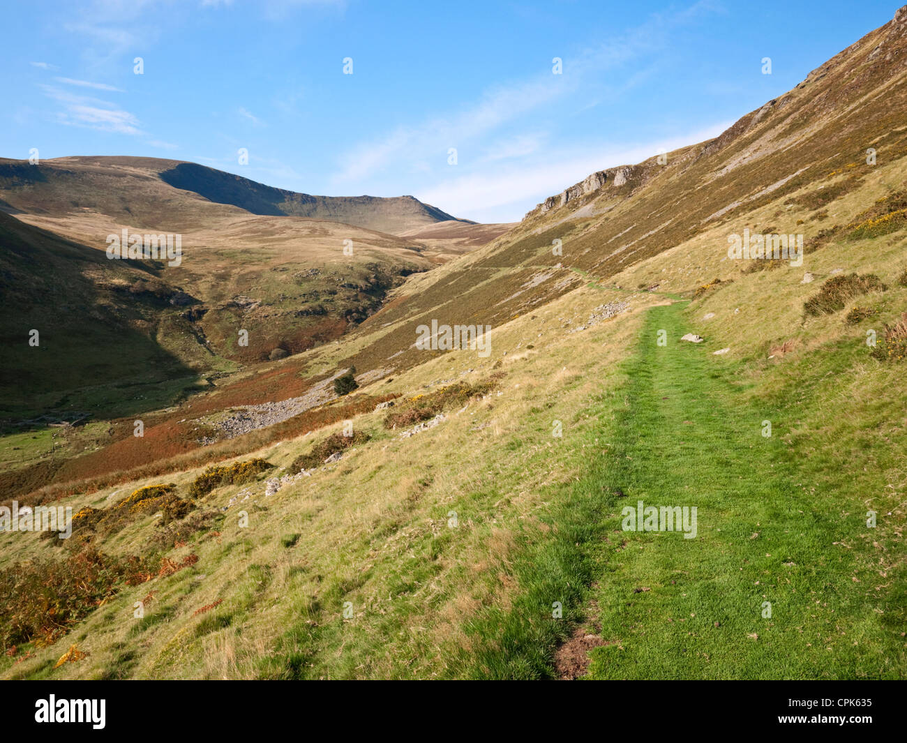 The Berwyn mountains in North Wales, showing Moel Sych & Cadair Berwyn from the path from Tan-y-Pistyll Stock Photo