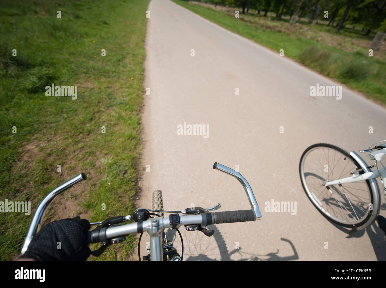 Cycling through Richmond Park on a traffic free cycle route in south west London Stock Photo