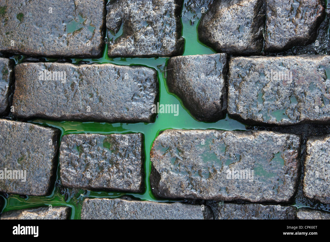 Spilled Coolant Among Cobblestones Stock Photo