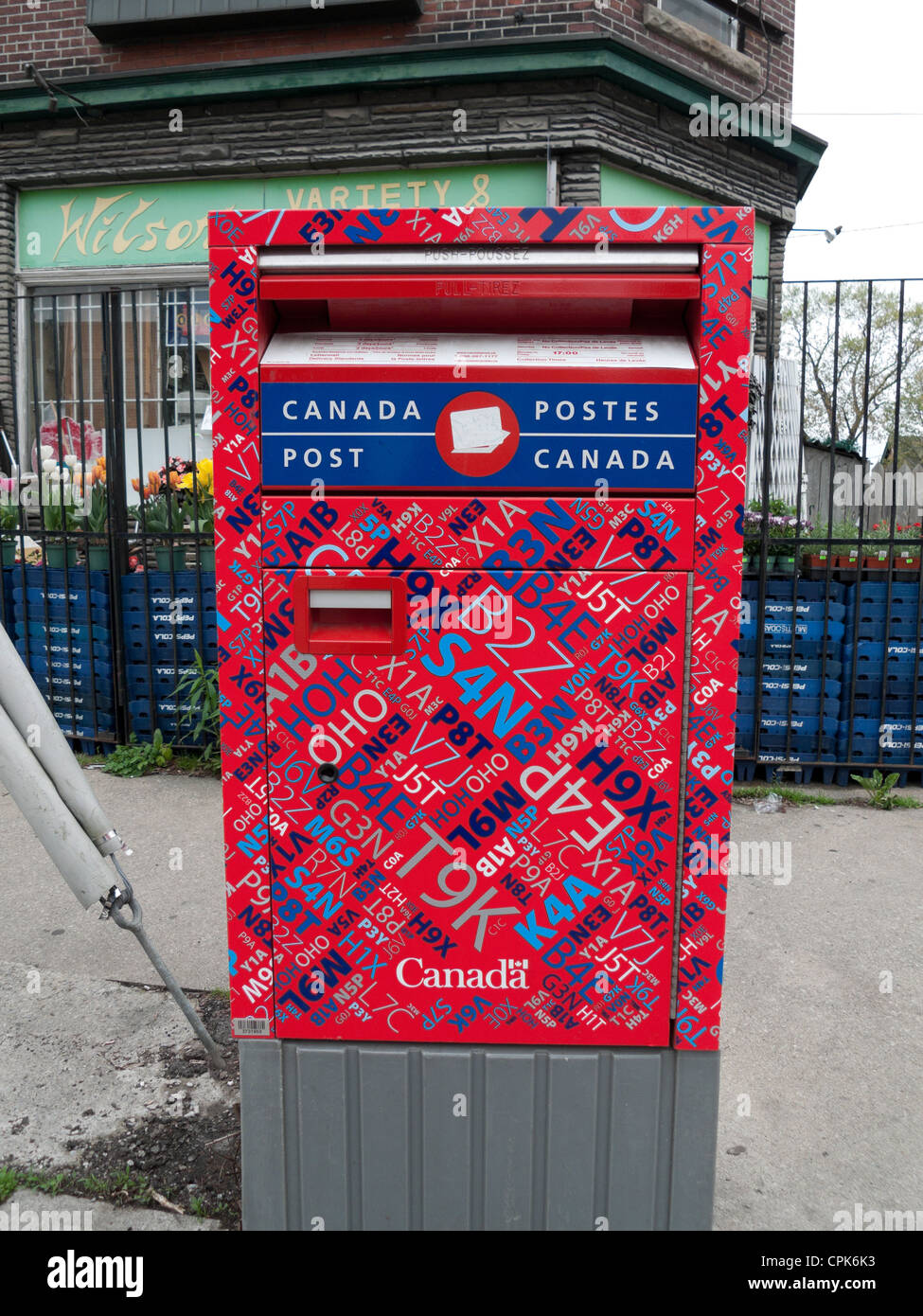 Anti grafitti postcode design on Canadian mailbox Roncesvalles Toronto Canada Stock Photo