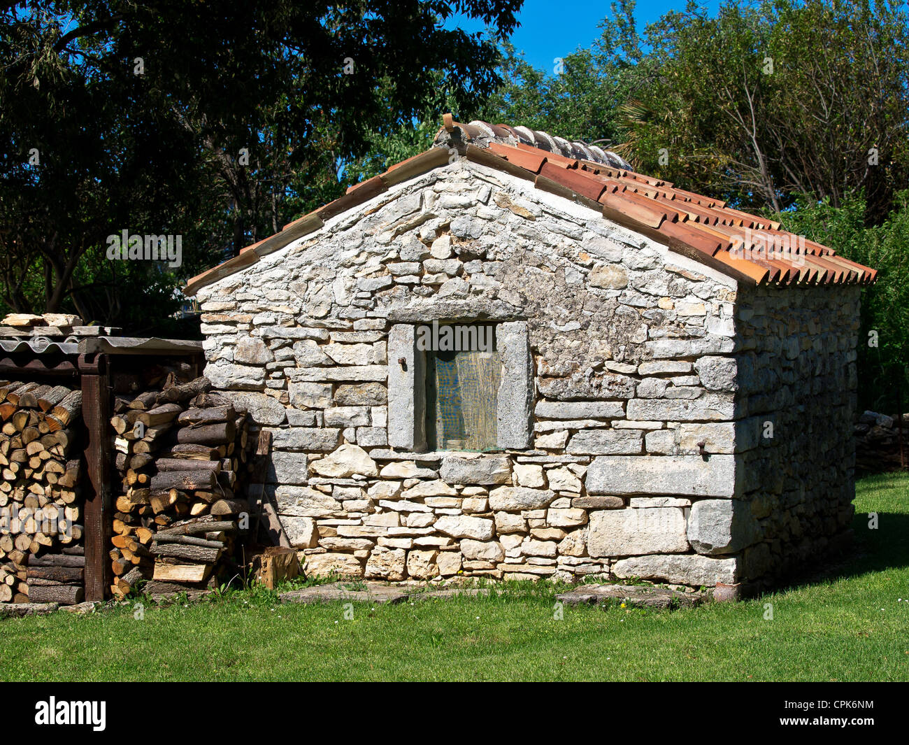 Small Old Stone House With Fire Wood Stock Photo 48365568 Alamy