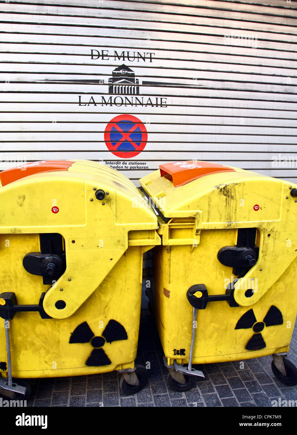Scenes of Brussels downtown yellow garbage cans with radioactive sign