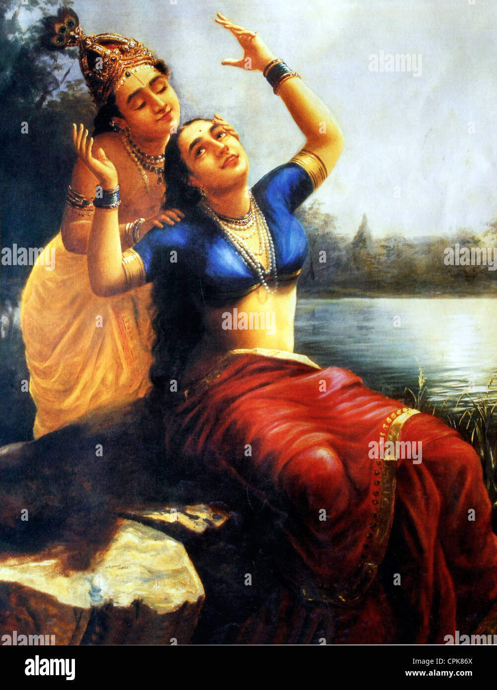 A painting by Raja Ravi Varma 'Radha Madhavam' - Love scene of Sri Krishna and Radha Stock Photo