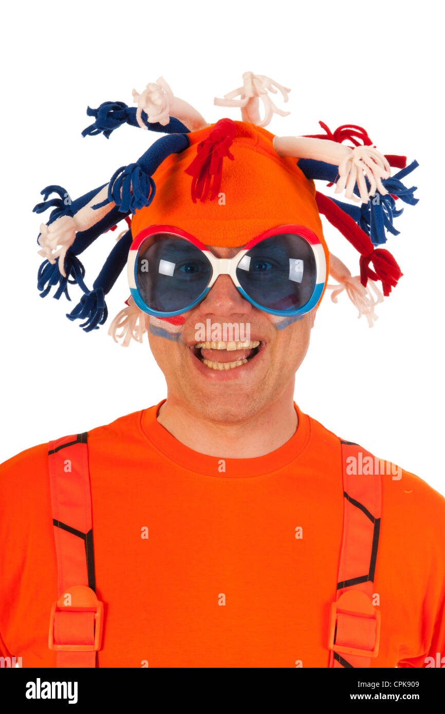 Funny Dutch orange soccer supporter isolated over white background Stock Photo