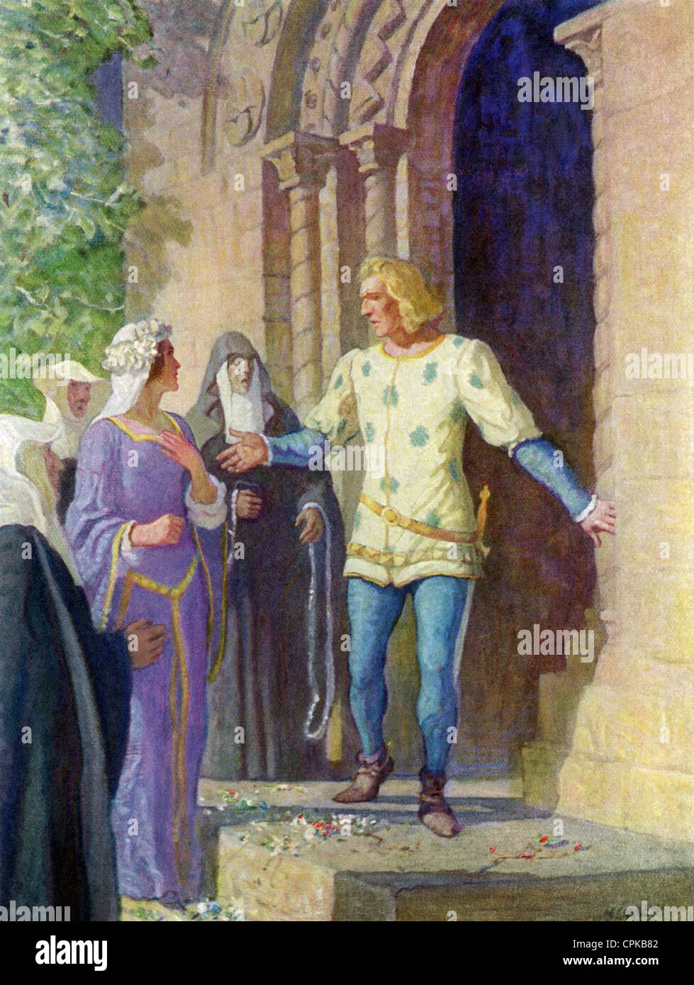 Alleyne, a member of the White Company, stands at the door of the church with Maude, just before they enter and are married. Stock Photo