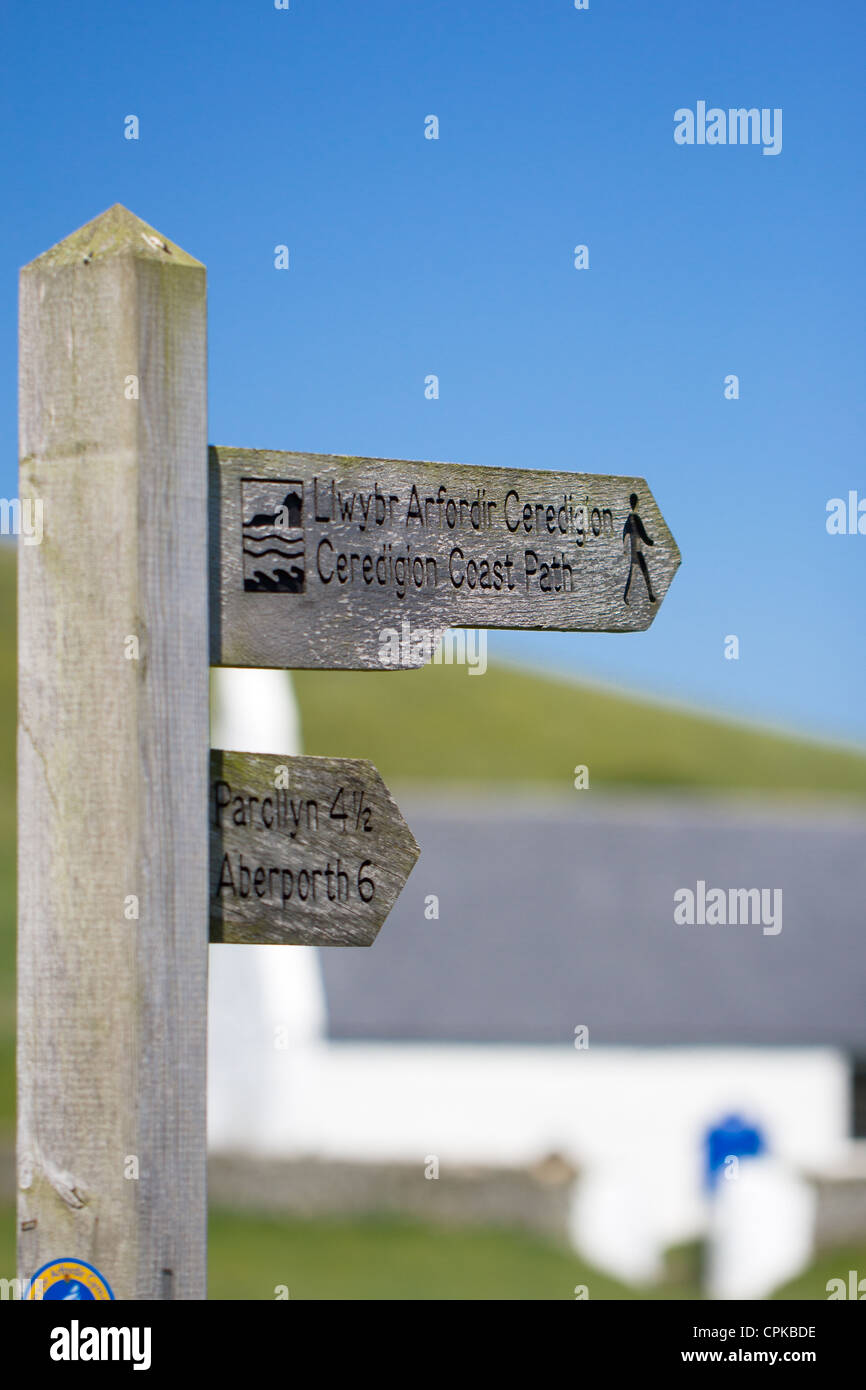 Ceredigion coast path sign pointing to Parcllyn and Aberporth at Mwnt ...