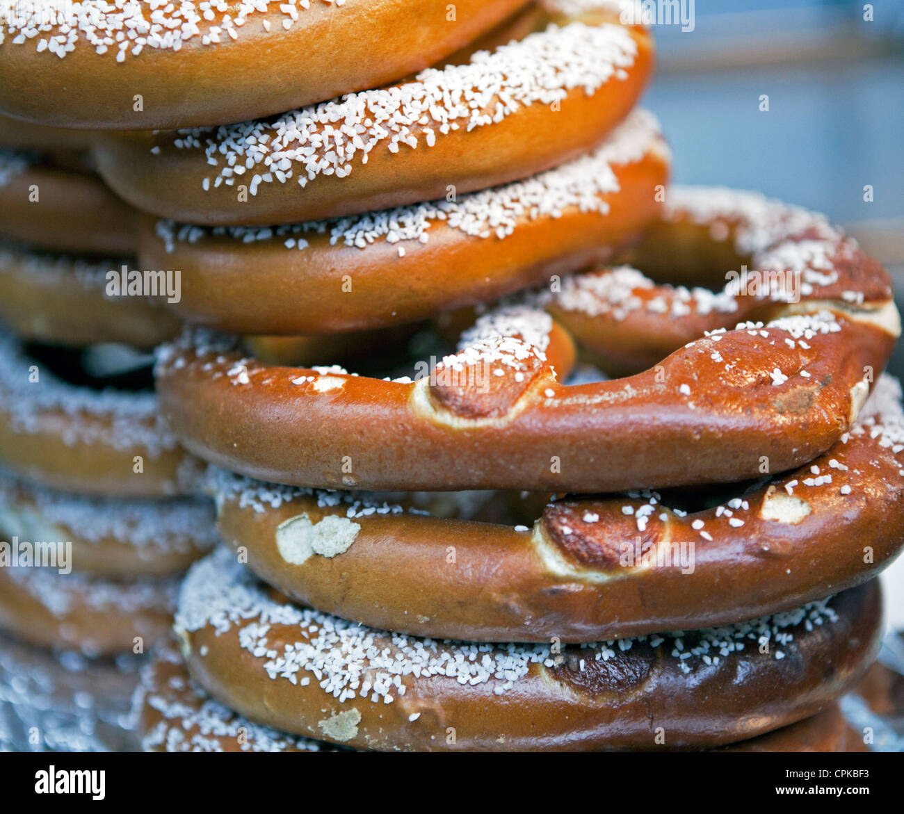 A stack of pretzels from a street cart tempts customers Stock Photo Alamy