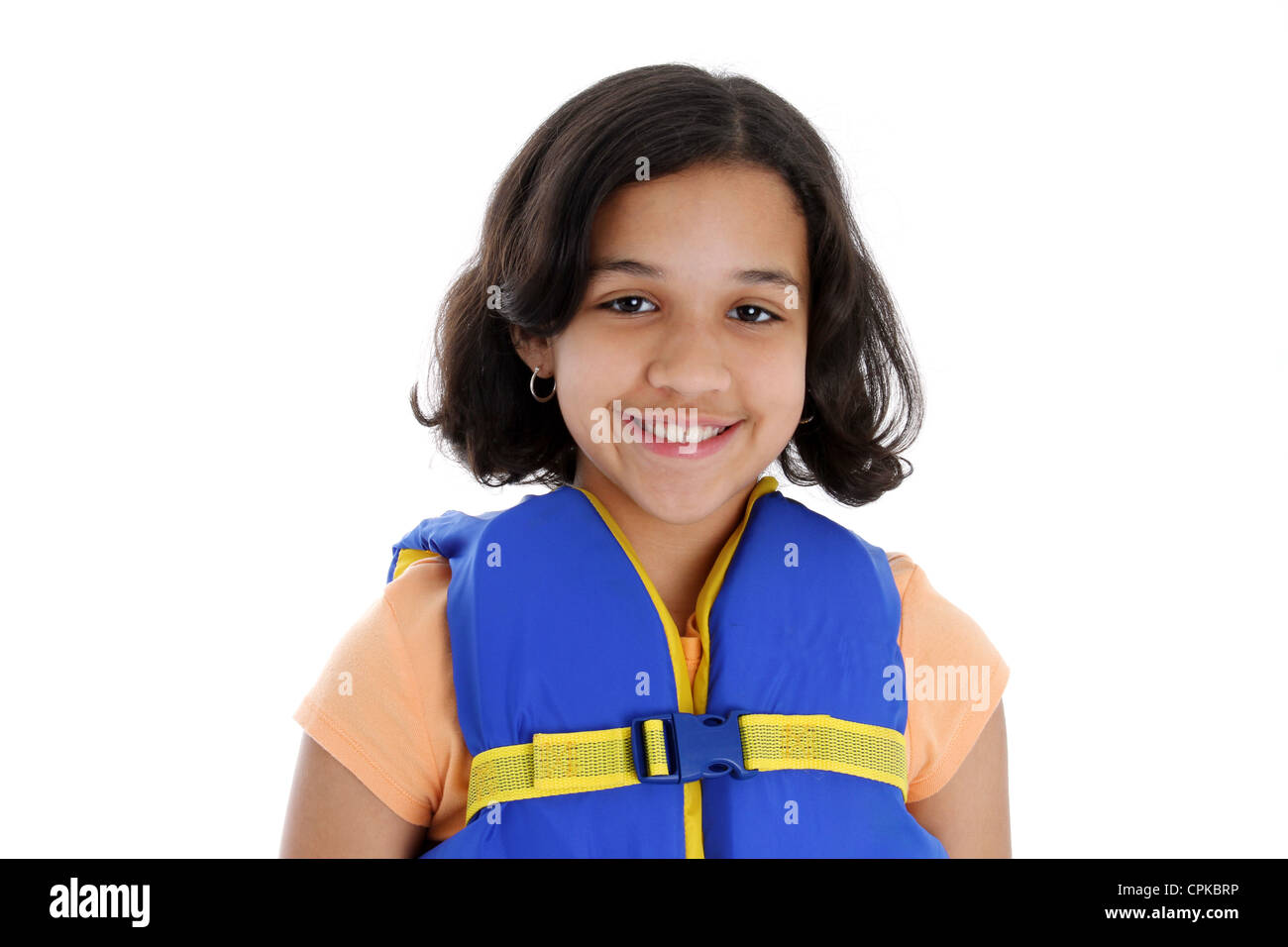 Young girl wearing a life jacket with white background Stock Photo Alamy