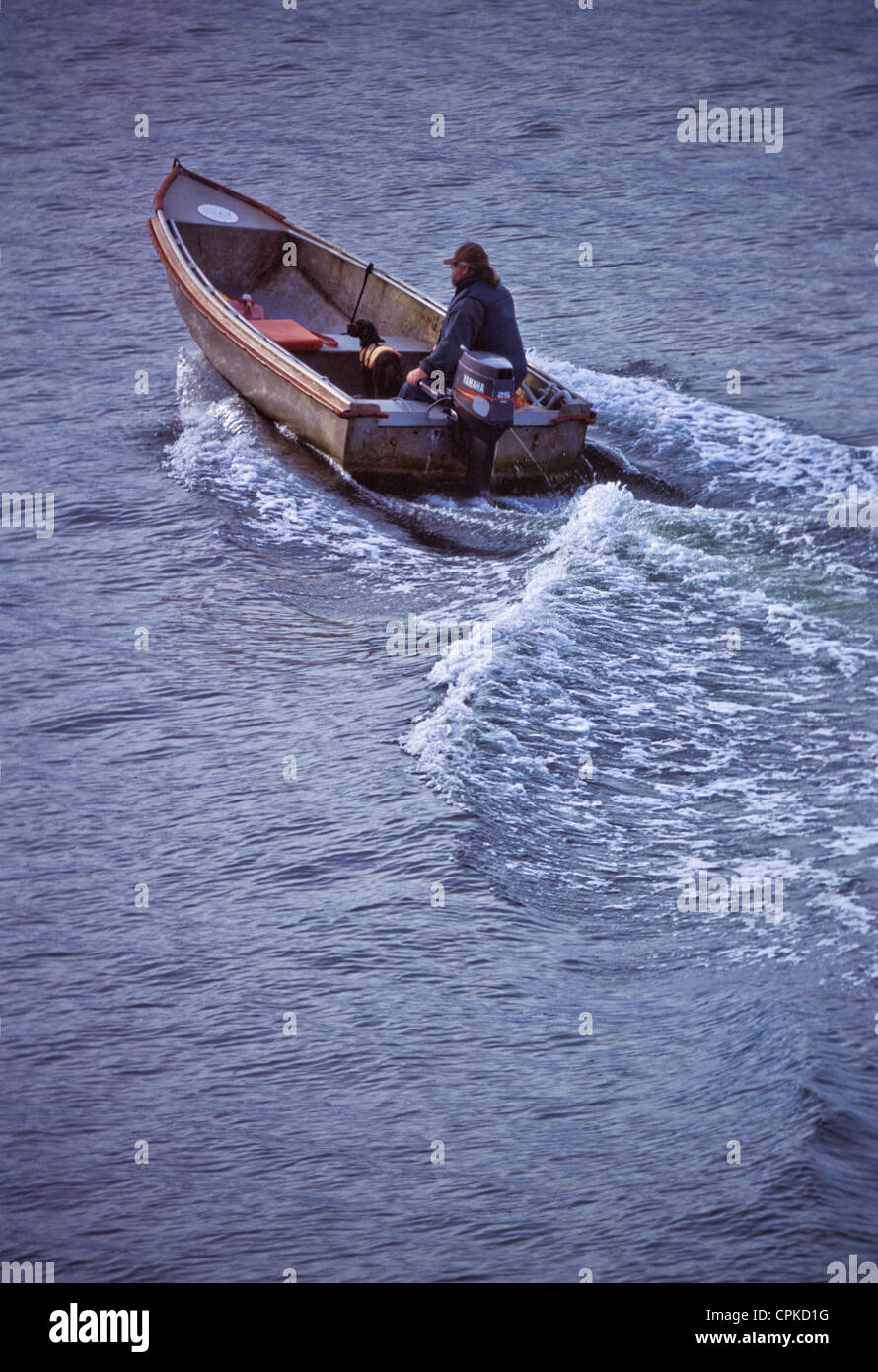 One man in outboard motor boat Stock Photo - Alamy