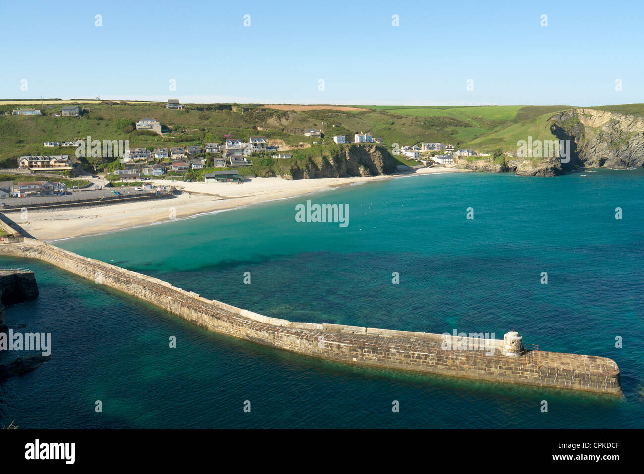 Portreath pier and beach from the cliffs above. Stock Photo